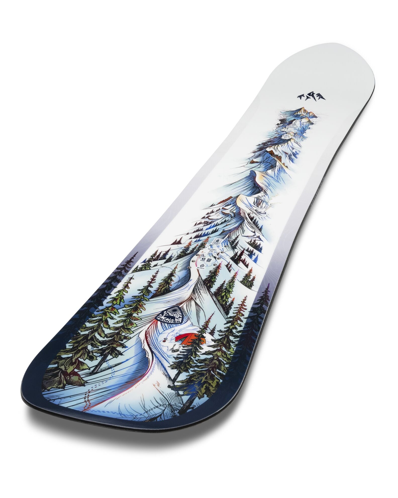 Jones Men's Frontier 2 snowboard with a sleek topsheet design, ideal for all-mountain snowboarding adventures.