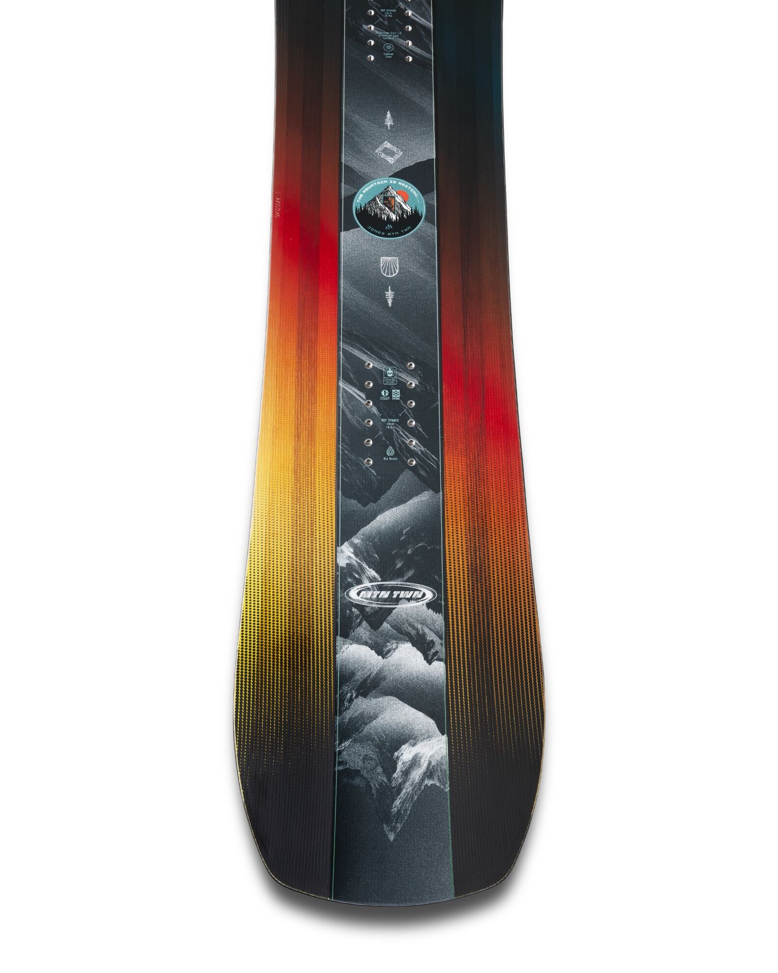 Jones Mountain Twin Junior snowboard in snow, showing the tip with the Jones logo and design details on the 2027 model.