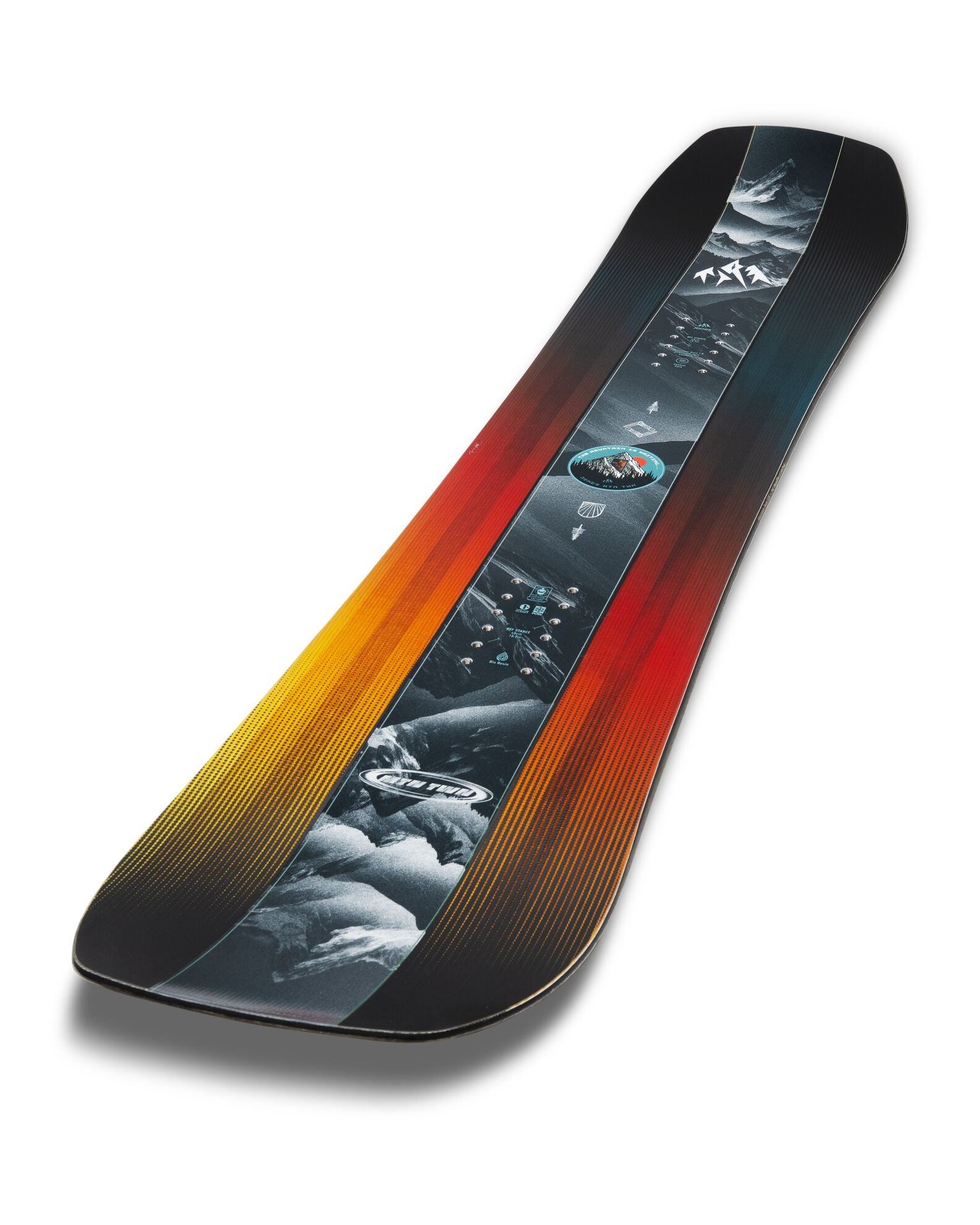 Jones Mountain Twin Junior snowboard for kids, showing the top overview with colorful graphics and binding mounts.