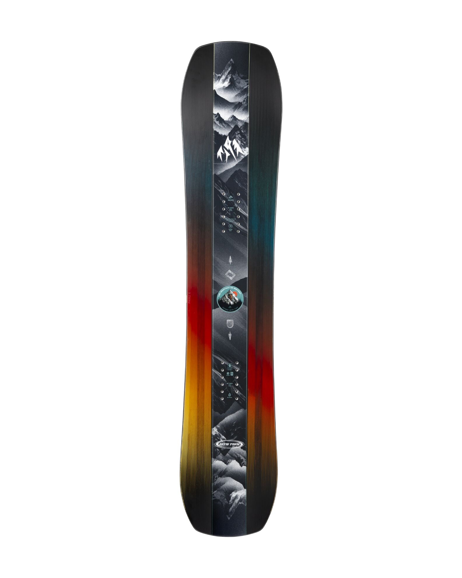 Jones Mountain Twin Junior snowboard with a colorful top sheet, designed for young riders and versatile winter snowboarding.