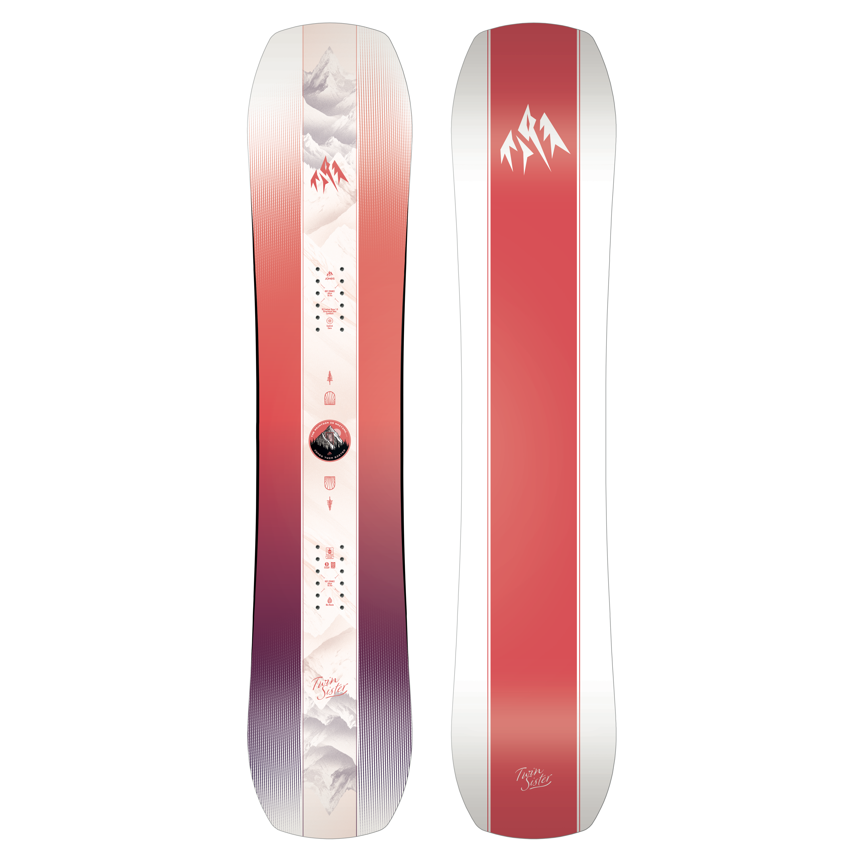 Jones Twin Sister Junior Snowboard 2027 with colorful top sheet and sleek base, designed for young snowboarders.