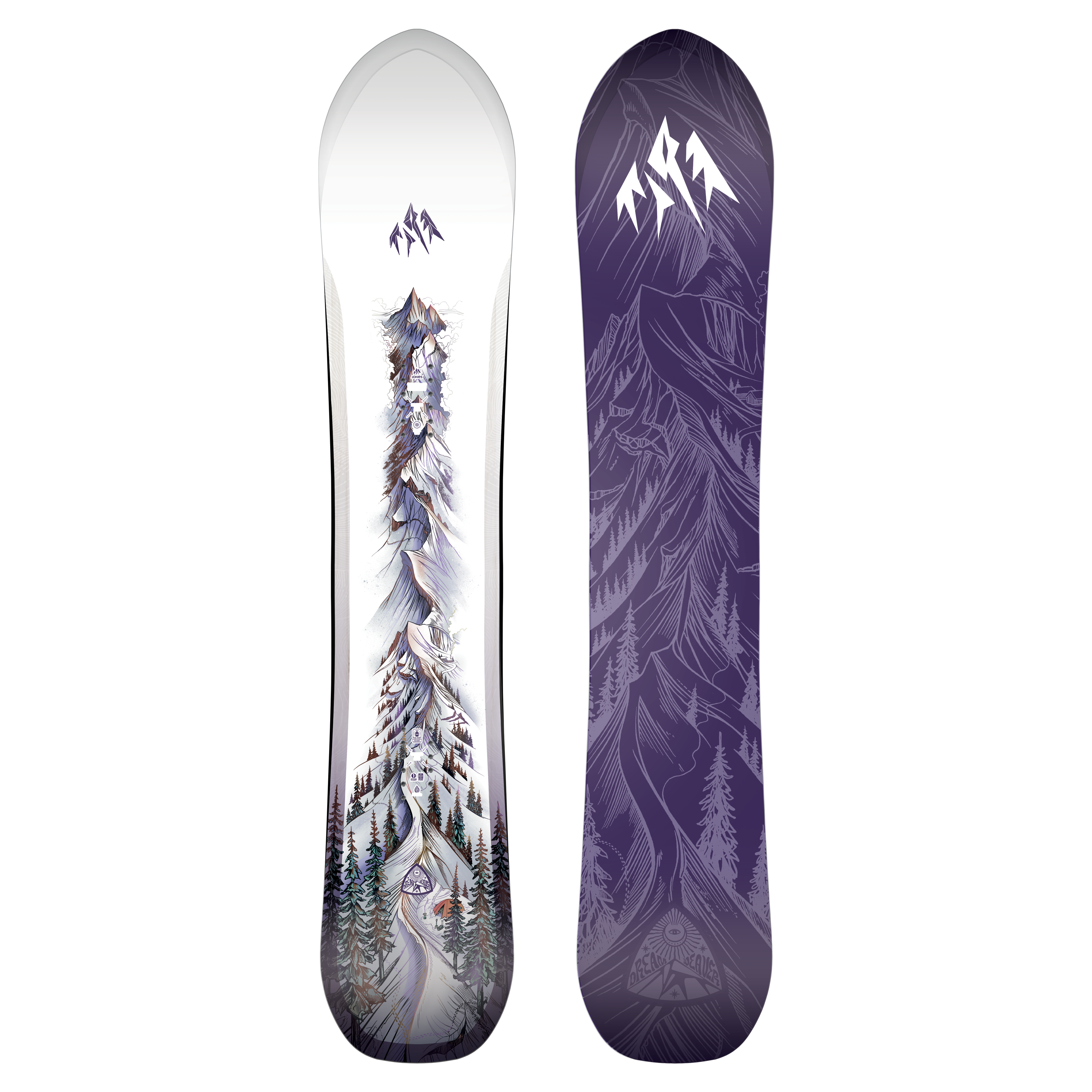 Jones Women's Dream Weaver 2 snowboard for women, full view showcasing the snowboard's design and shape for winter snowboarding.