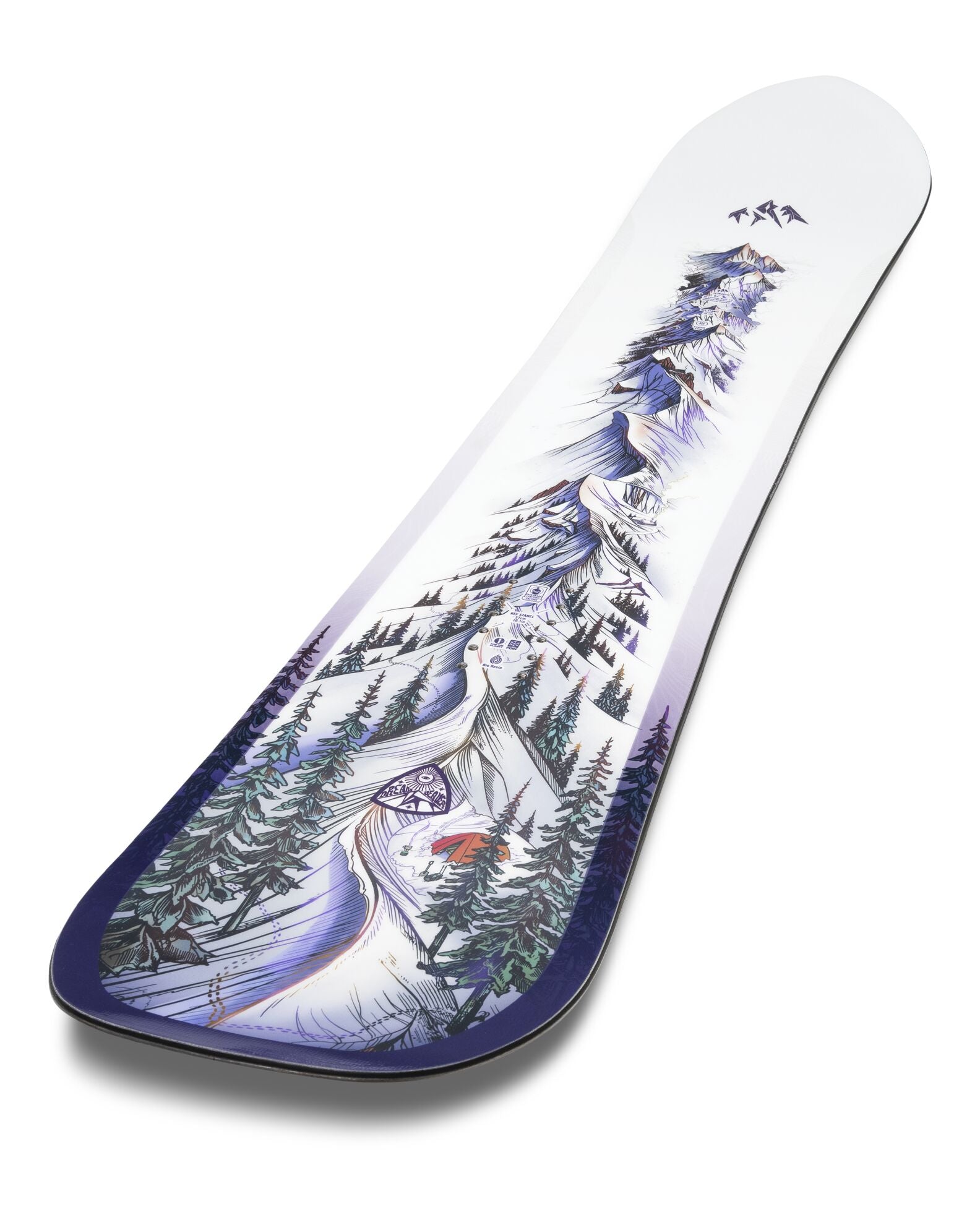 Jones Women's Dream Weaver 2 snowboard with colorful top sheet art, full view showing the snowboard's design and shape.