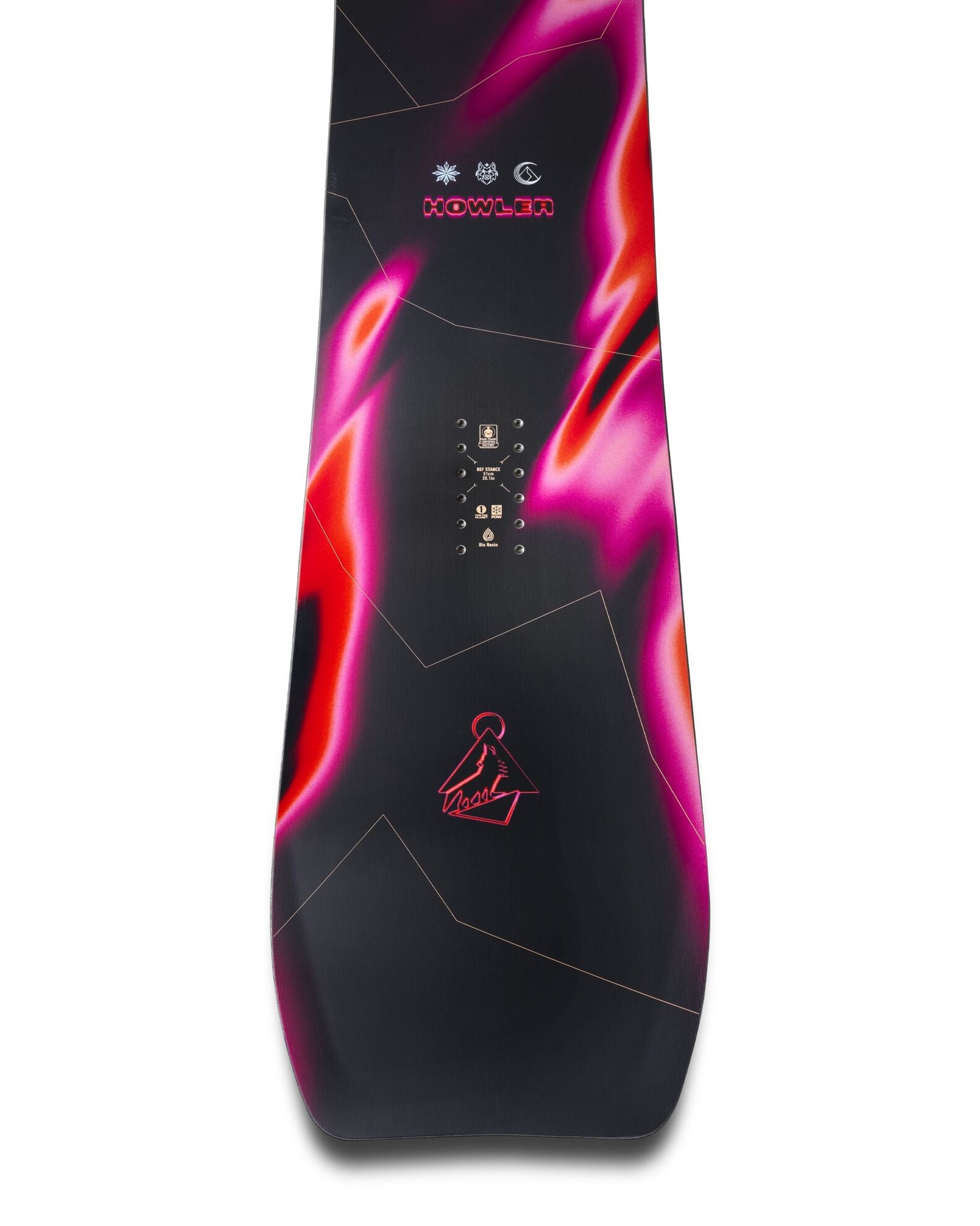 Jones Women's Howler Snowboard 2027 on snow, showing the snowboard with a Milosport tail design and vibrant graphics.