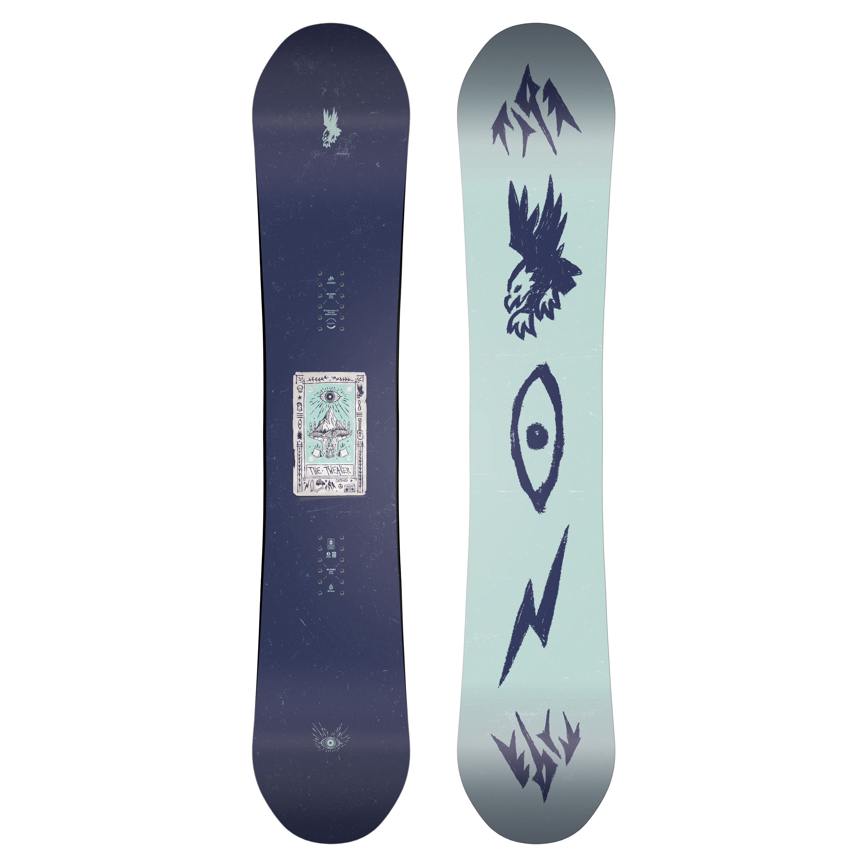 Jones Womens Tweaker 2 snowboard in snow, featuring a sleek design with bindings mounted, ready for winter snowboarding adventures.