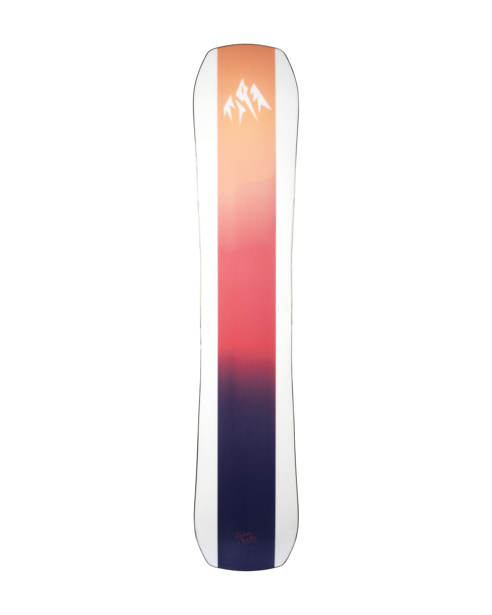 Jones Women's Twin Sister Snowboard 2027 with Milosport base, showcasing the twin design and vibrant graphics on the snowboarding surface.