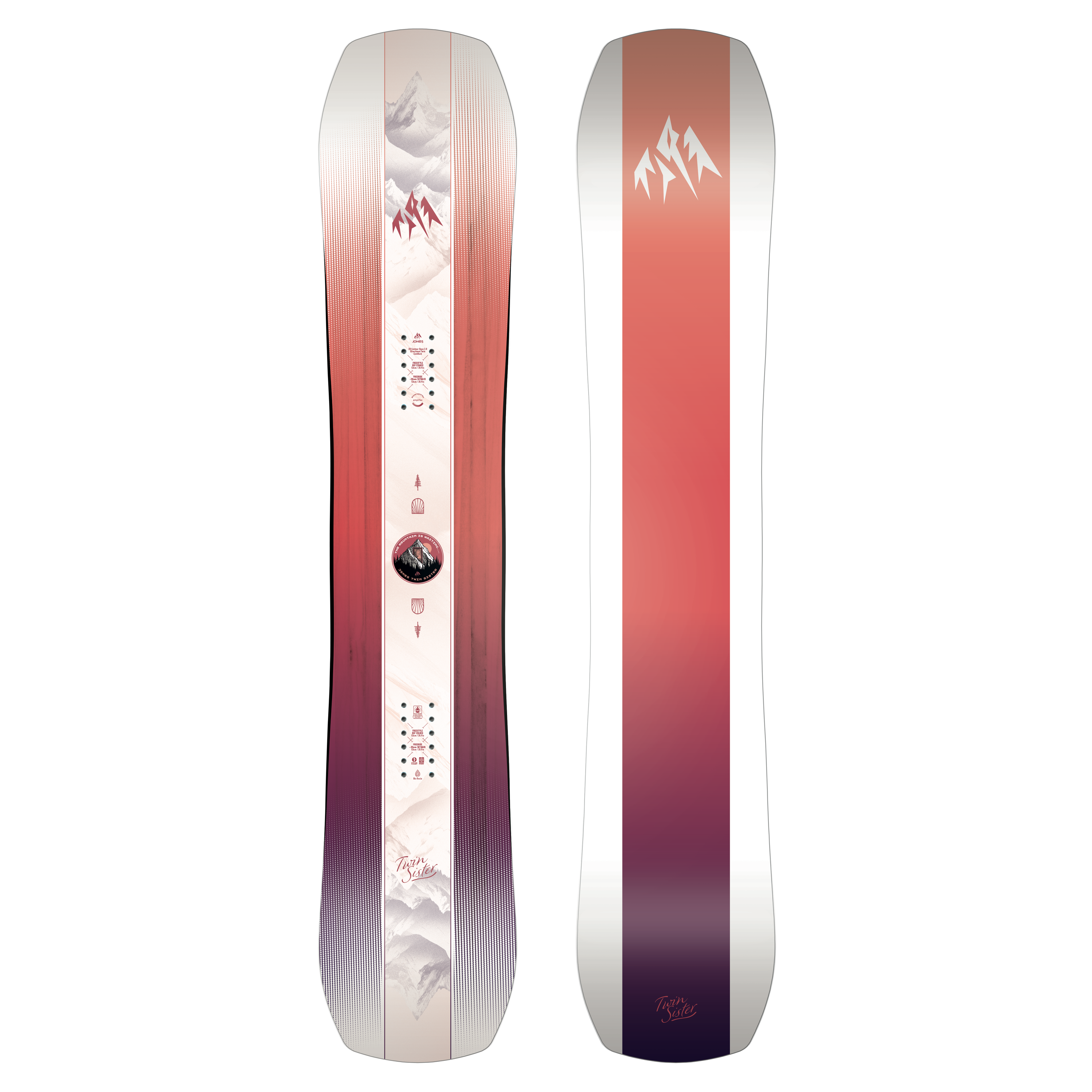 Jones Women's Twin Sister Snowboard 2027 with twin tip design, showcasing its sleek shape and graphic in a scenic outdoor setting.
