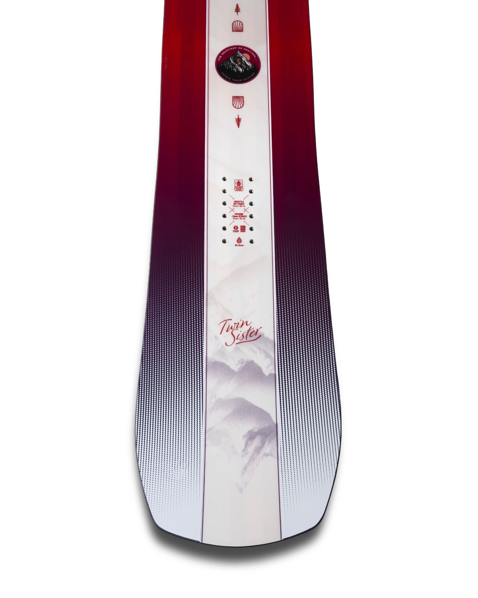 Jones Women's Twin Sister snowboard 2027, side view showing the snowboard's Milosport tail and design details.