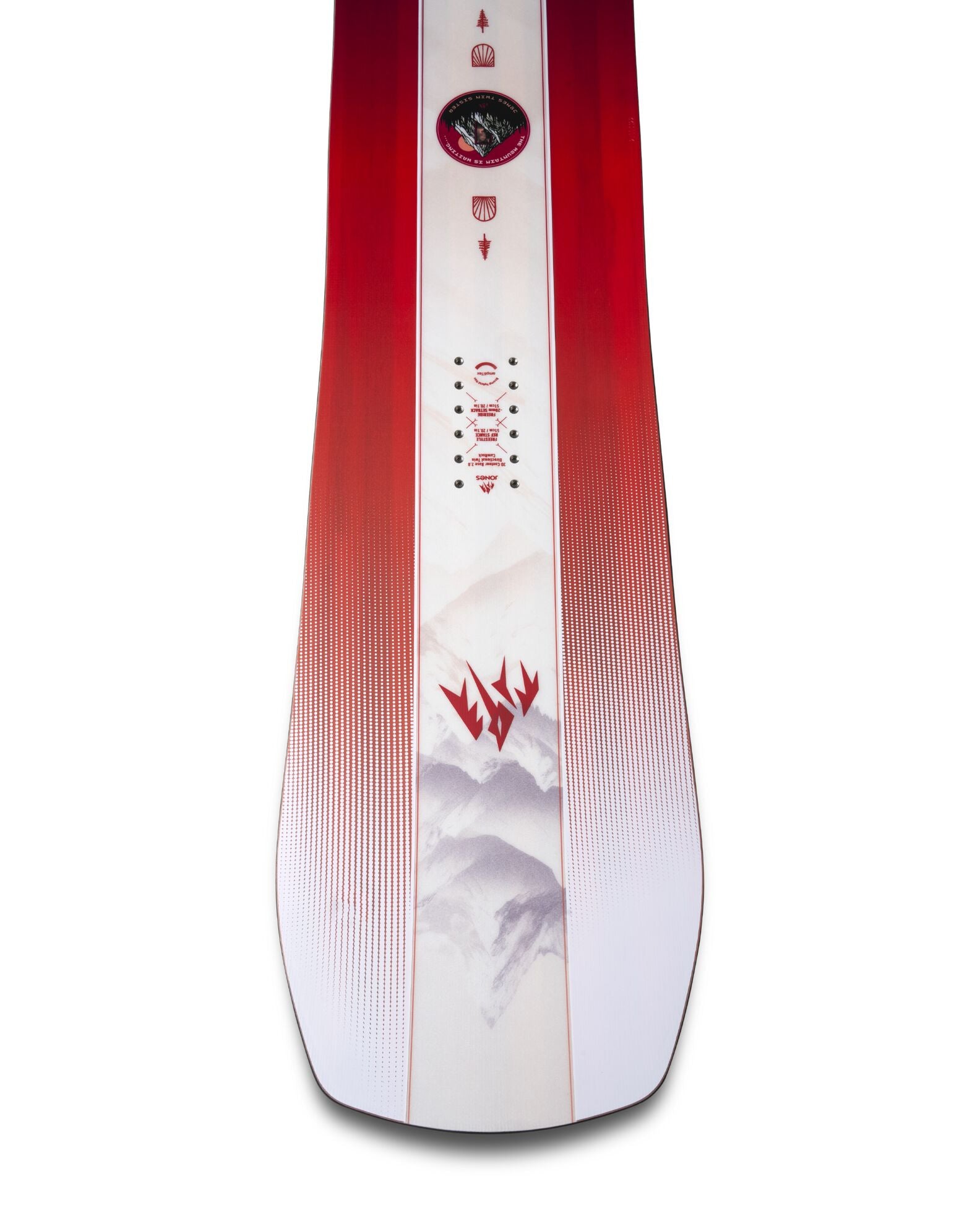 Jones Women's Twin Sister snowboard 2027, side view showing the tip with colorful design and snowboarding graphics.