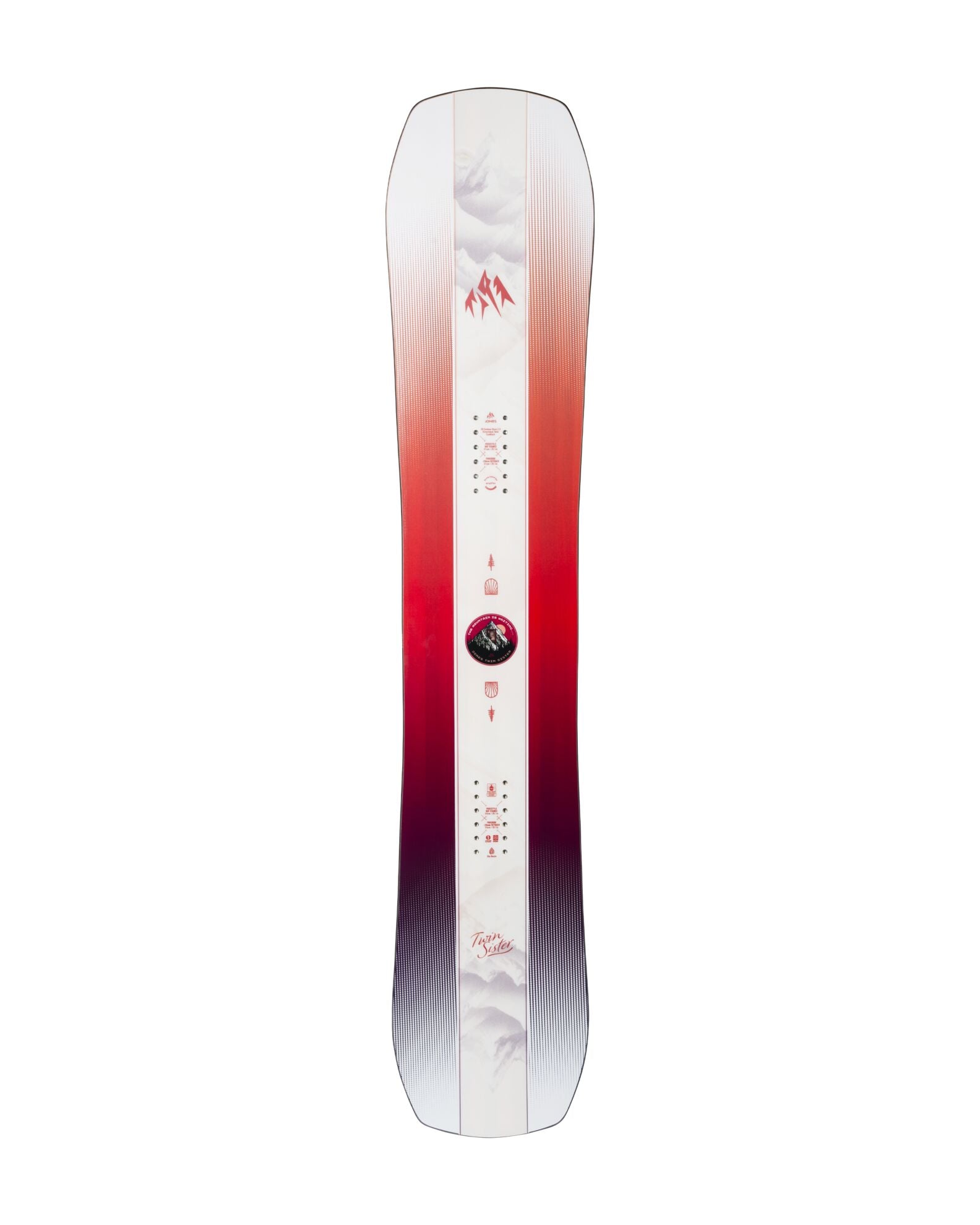 Jones Womens Twin Sister Snowboard 2027 top sheet with vibrant graphics, showcasing the twin tip design and stylish snowboarding features.