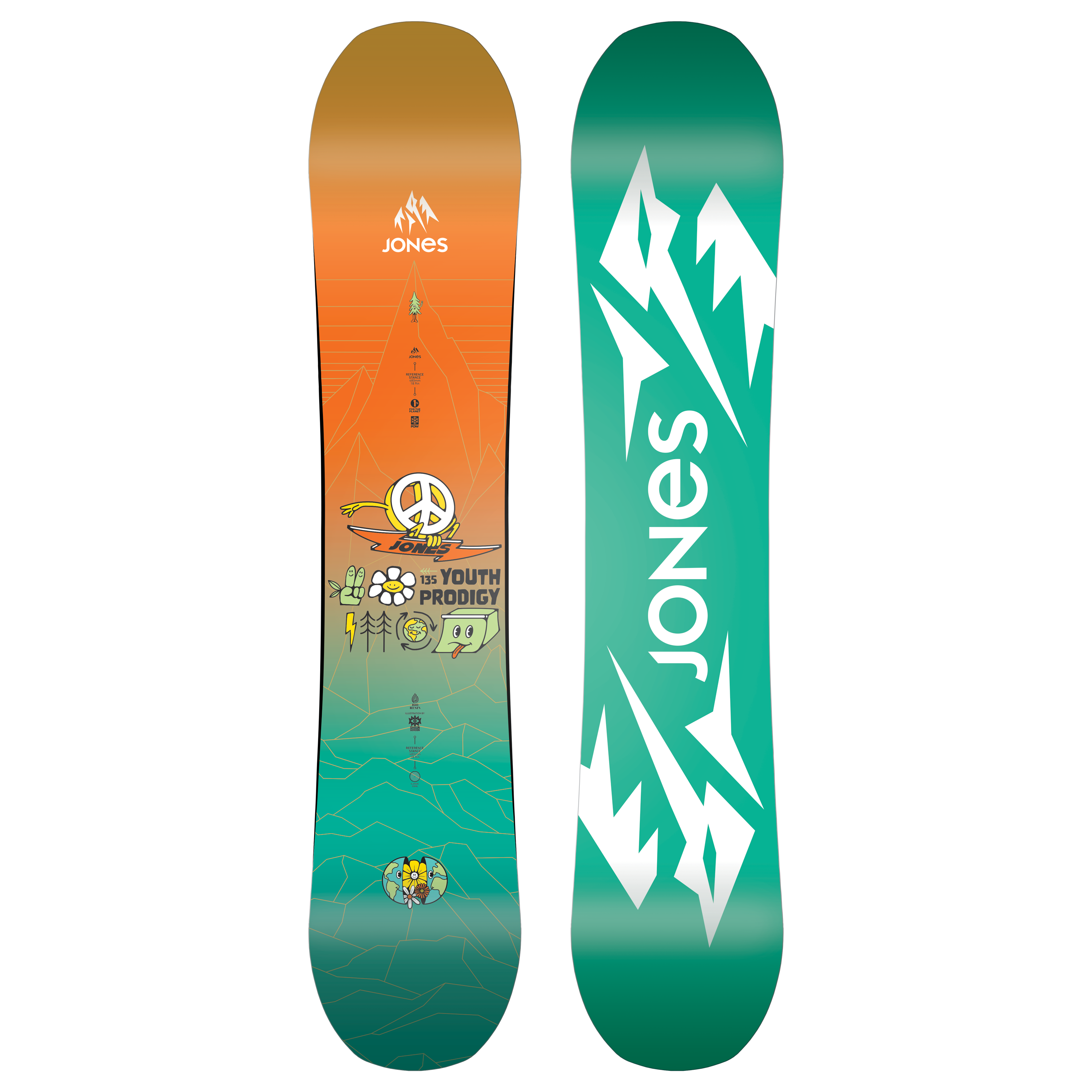 Jones Youth Prodigy snowboard for kids, featuring vibrant graphics and a durable design for young snowboarders.