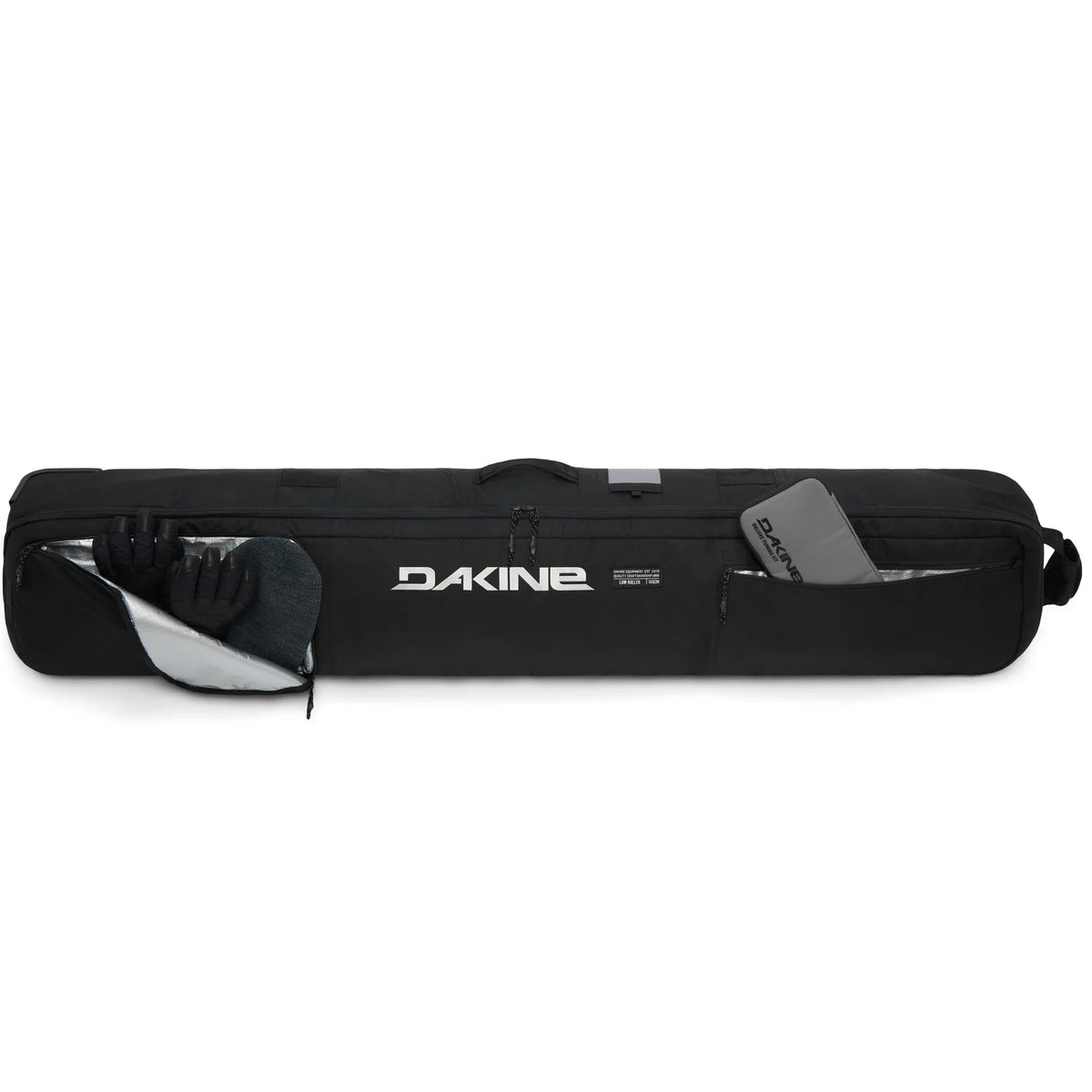 Dakine Low Roller Snowboard Bag in black and white, designed for easy transport of snowboards and accessories.