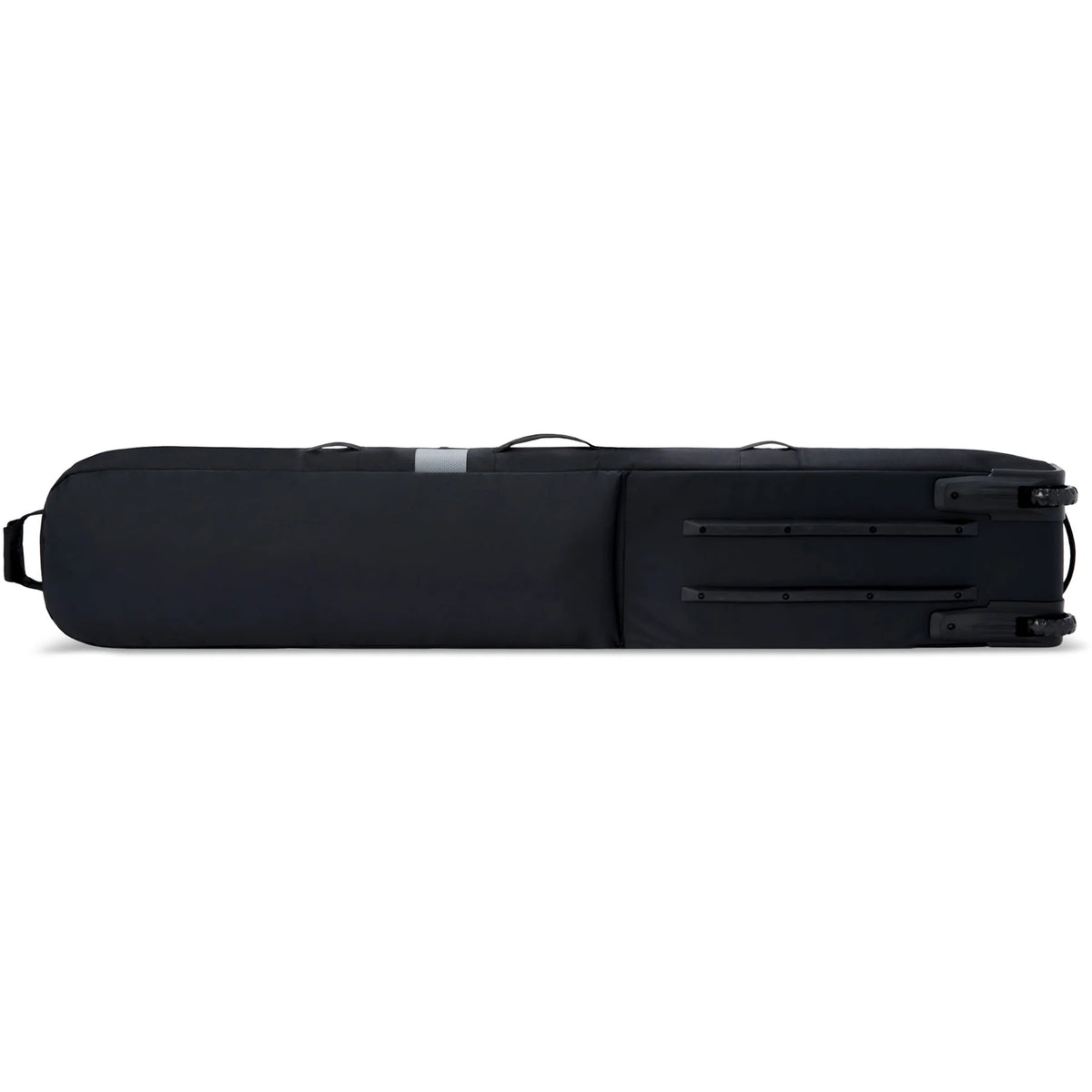 Dakine Low Roller snowboard bag in black and bright white, durable accessory with wheels for easy transport.