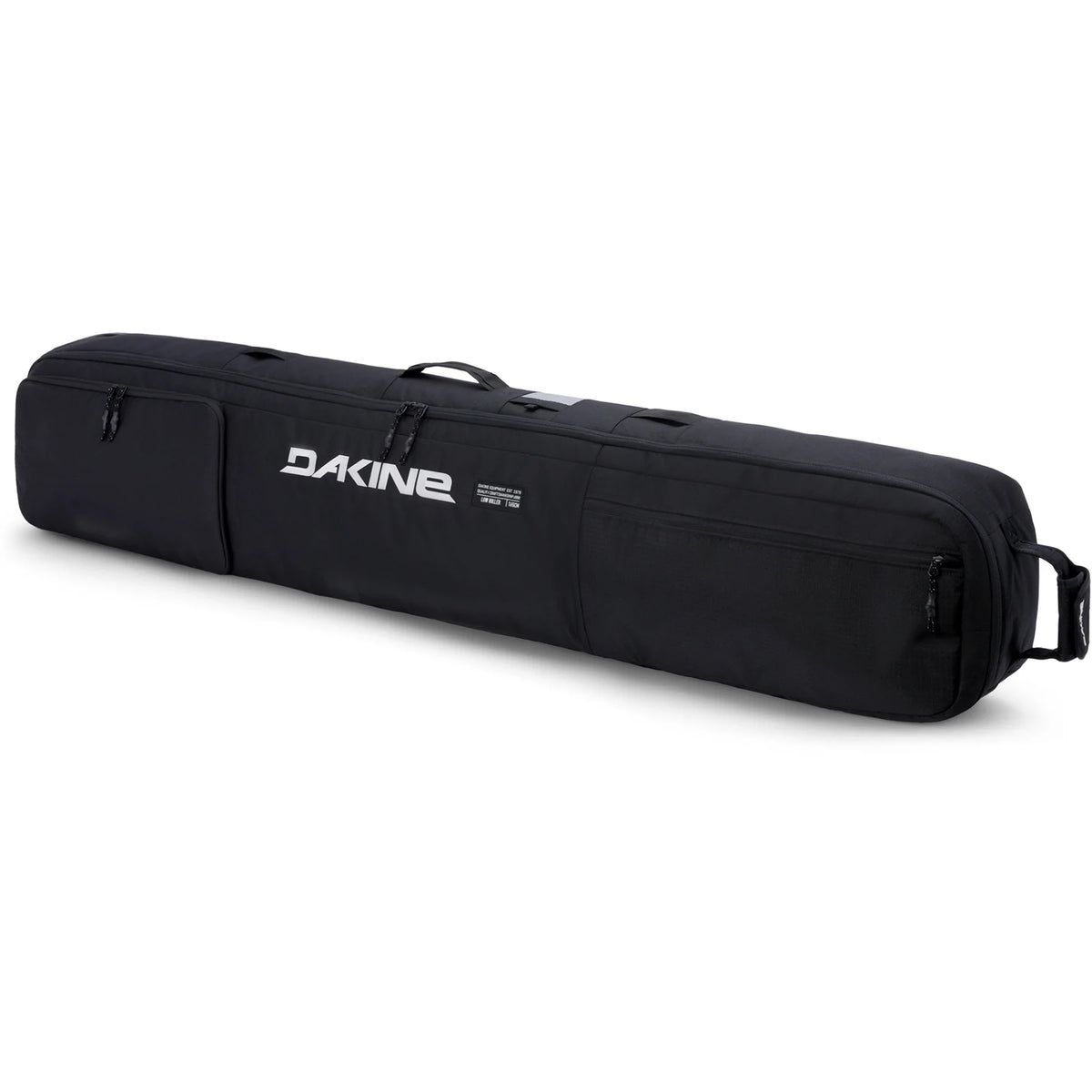 Dakine Low Roller snowboard bag in black and bright white, designed for convenient snowboarding gear transportation.