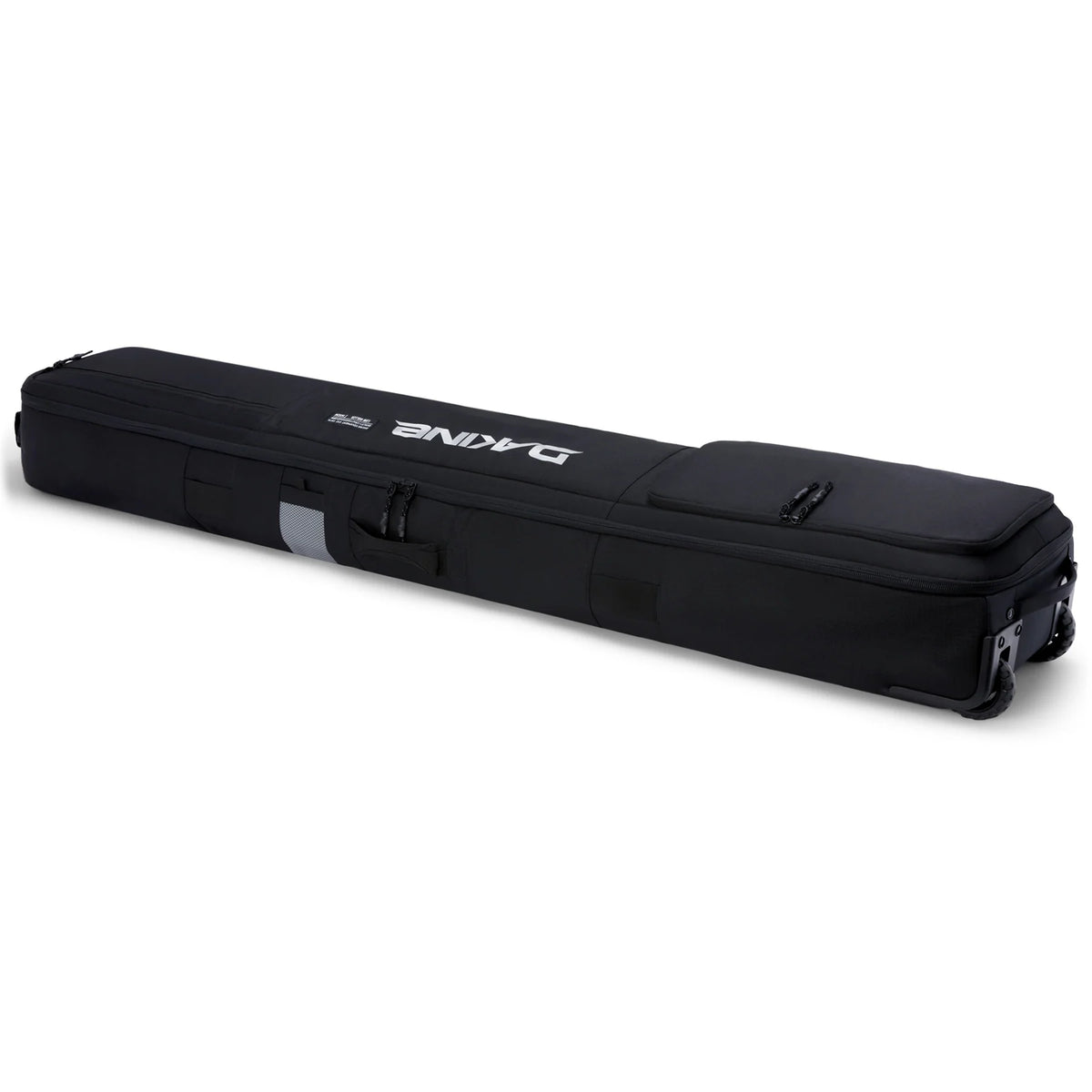 Dakine Low Roller snowboard bag in black and bright white, designed for snowboarding accessories and gear transport.