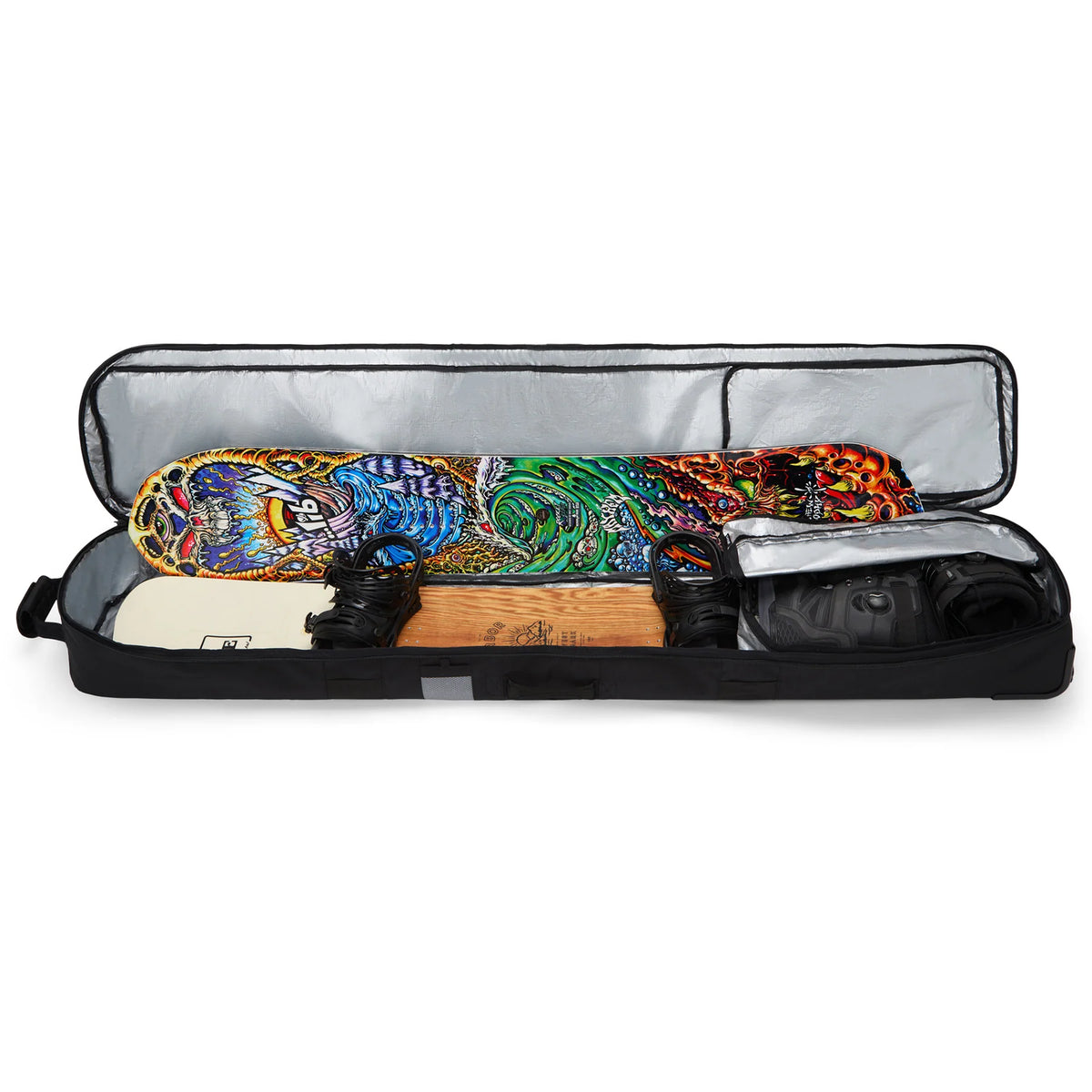 Dakine Low Roller snowboard bag in black and white, designed for easy transport and protection of snowboards and gear.