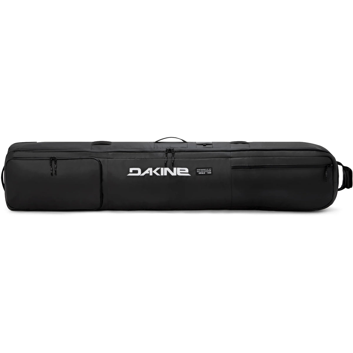 Dakine Low Roller snowboard bag in black and bright white, designed for easy transportation of snowboards and accessories.