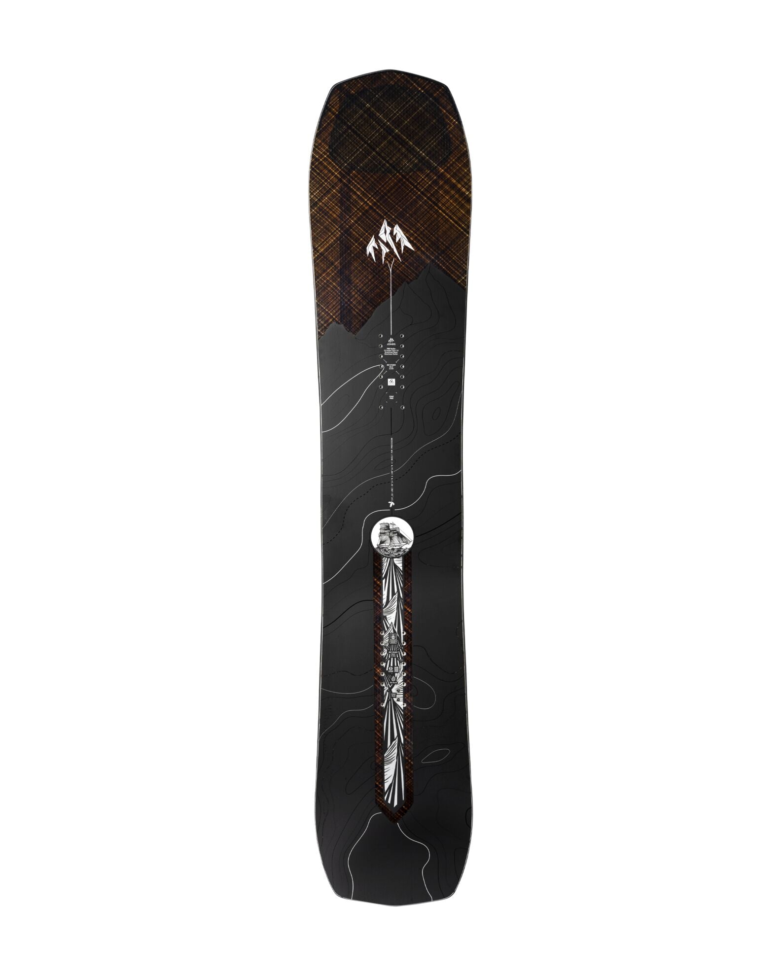 Jones Men's Flagship Pro snowboard for 2027, shown from the side with its sleek design and bold graphics.
