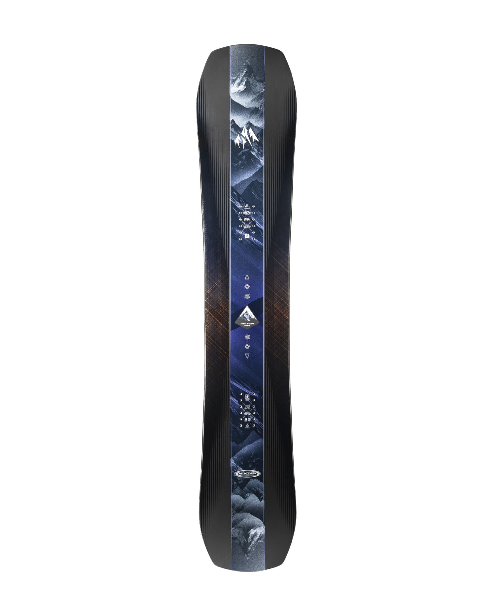 Jones Men's Mountain Twin Pro Snowboard for 2027, showing the black and white design with the Jones logo on the top surface.