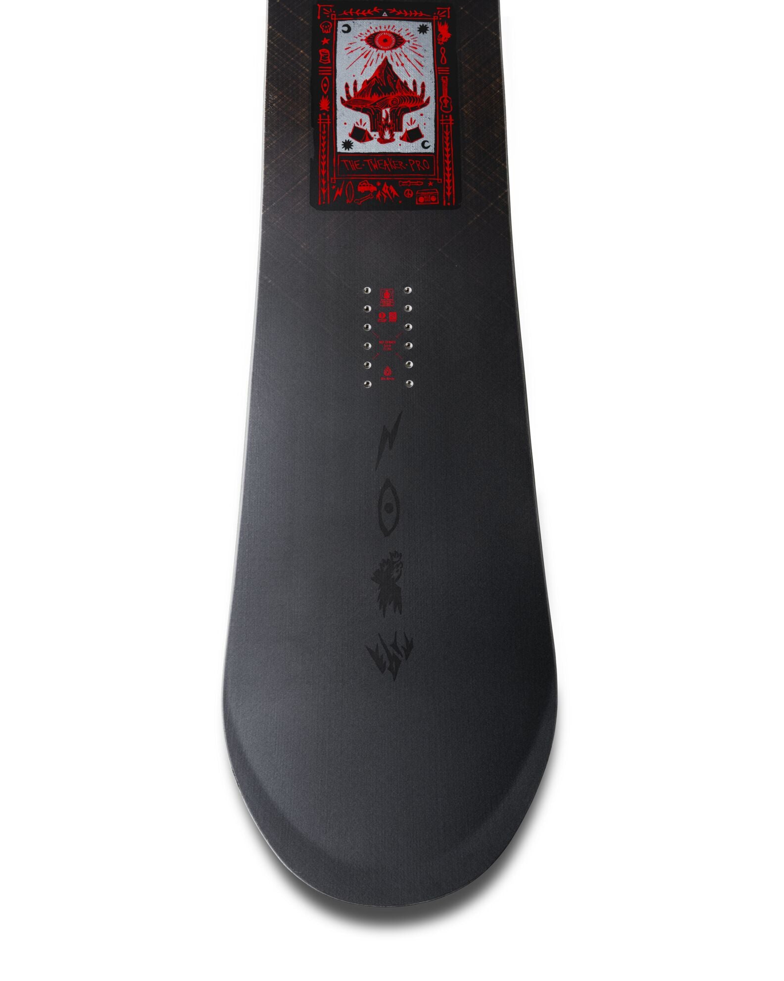 Jones men's Tweaker Pro snowboard in black and white with a sleek design, ready for winter snowboarding adventures.