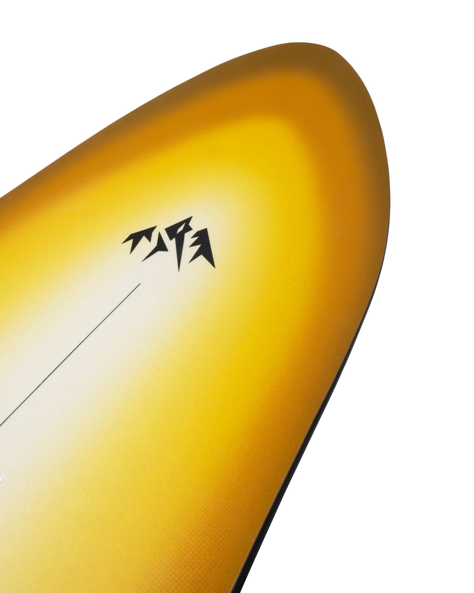 Jones Storm Wolf snowboard 2027, angled view showing the black and white graphic design on the snowboarding equipment.