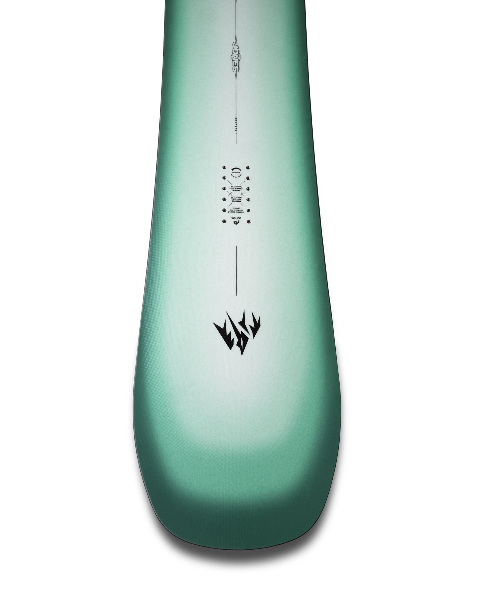 Jones Twincraft Snowboard 2027 with a sleek design, shown on snow with bindings attached, ready for winter snowboarding adventures.
