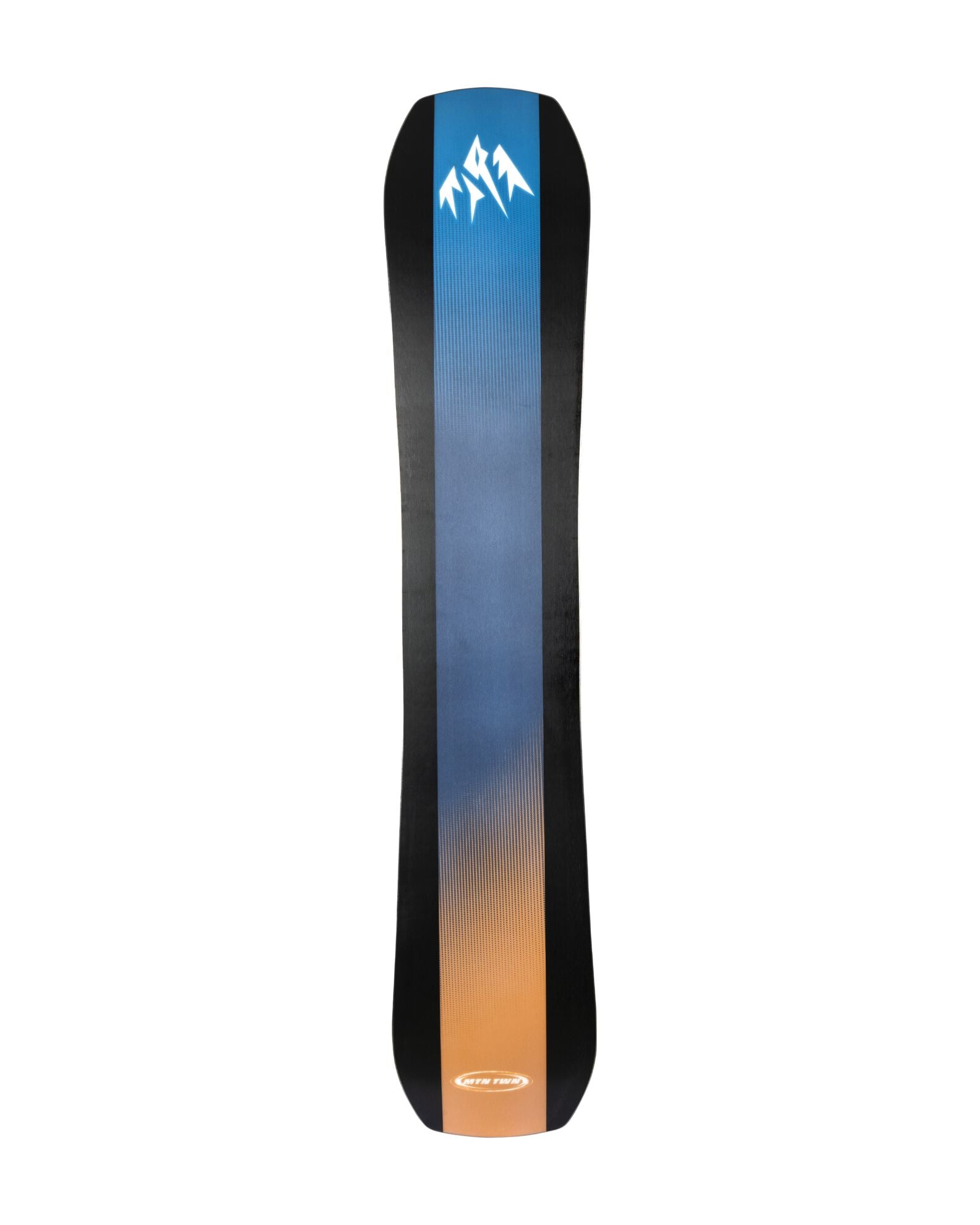 Jones Men's Mountain Twin Snowboard 2027, side view showing the black and white graphic design and twin-tip shape.