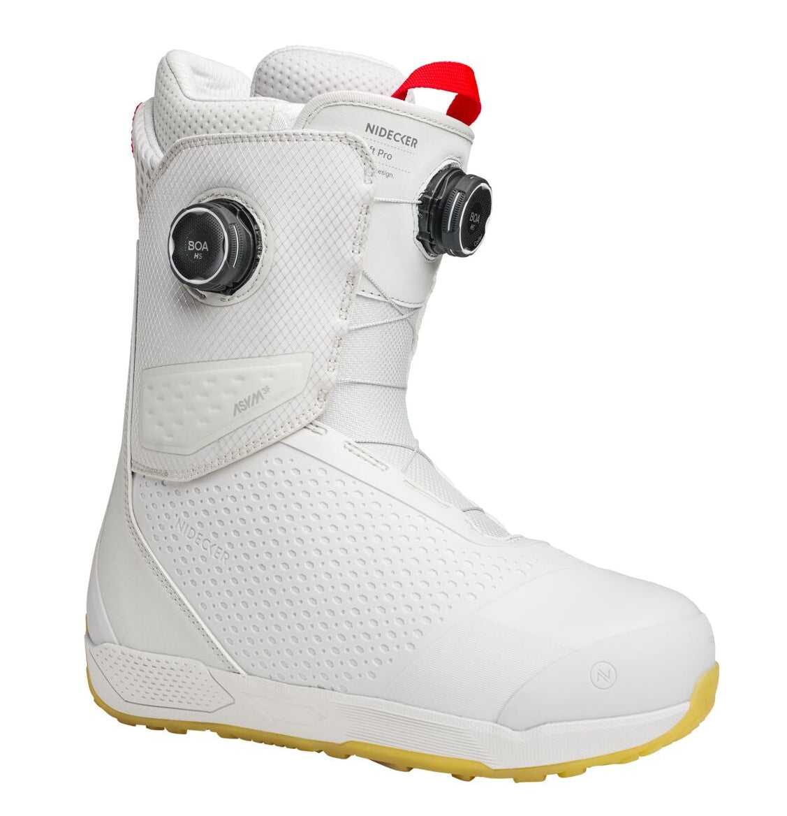 Nidecker Rift Pro men's snowboard boots in white, designed for snowboarding, with a close-up view showing the boots' details.