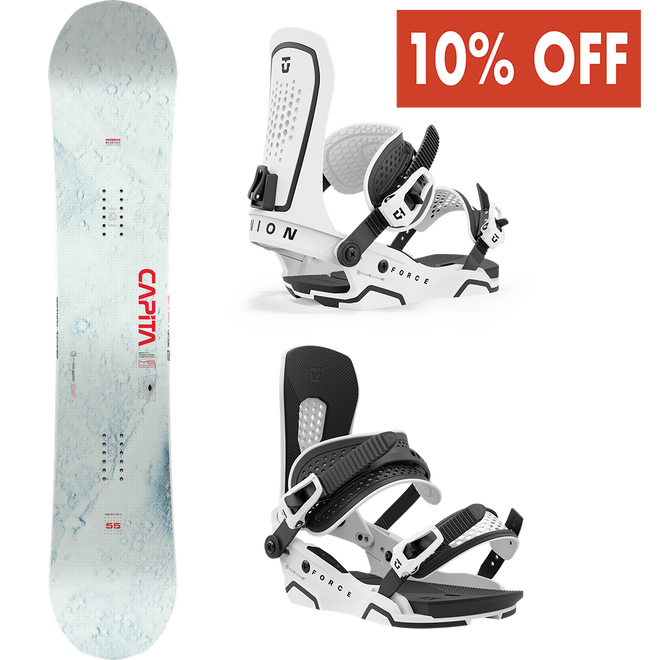 The Capita Mercury Snowboard and the Union Force Snowboard Binding Package in White
