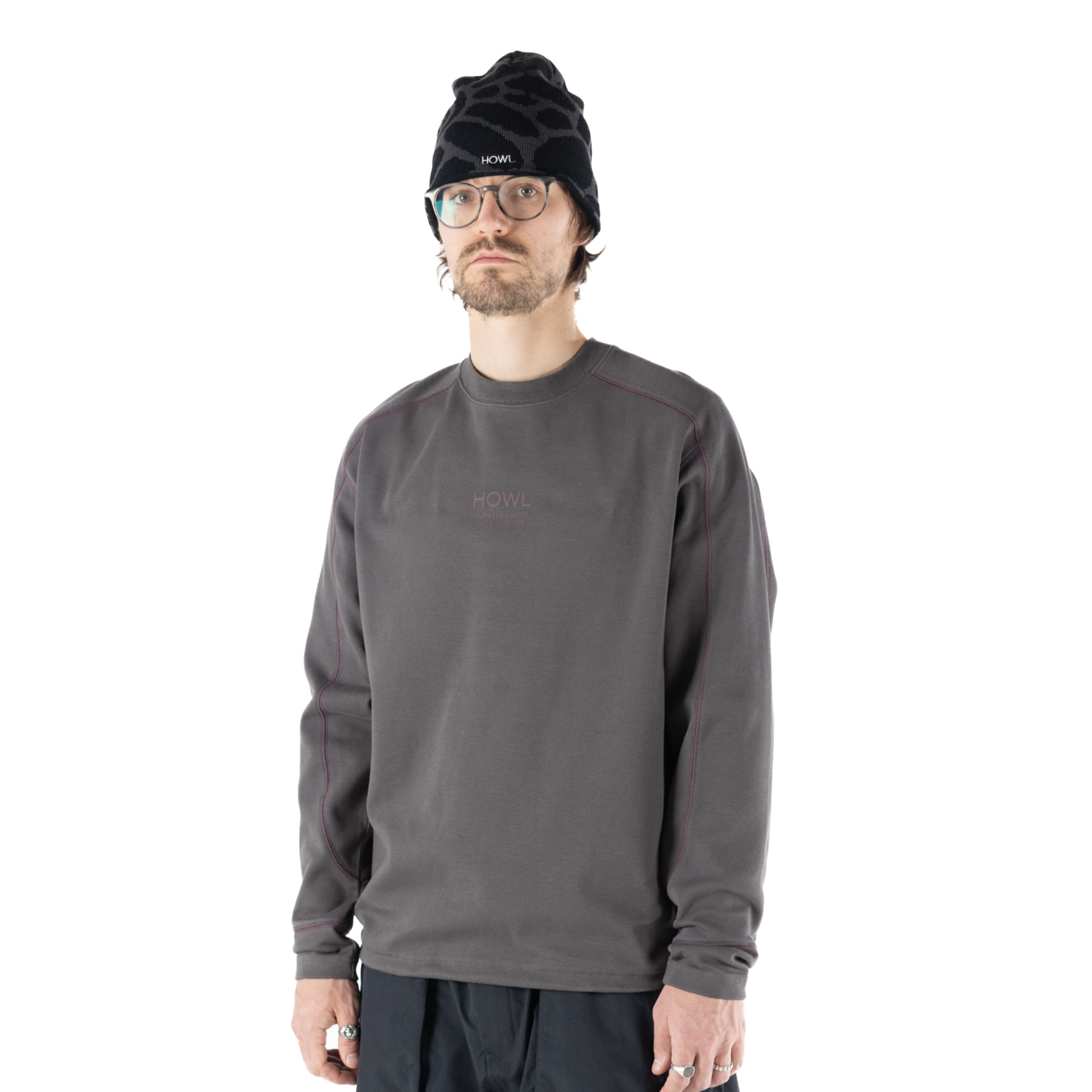 Howl men's and women's midweight crew in charcoal, showcasing a comfortable, stylish knit sweater with ribbed cuffs and neckline.