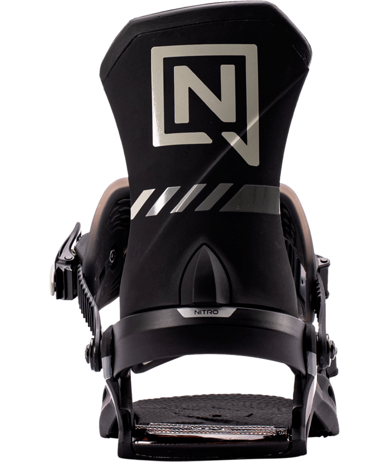 Nitro Team Pro snowboard bindings mounted on a snowboard, featuring adjustable straps and high-back support for snowboarding.