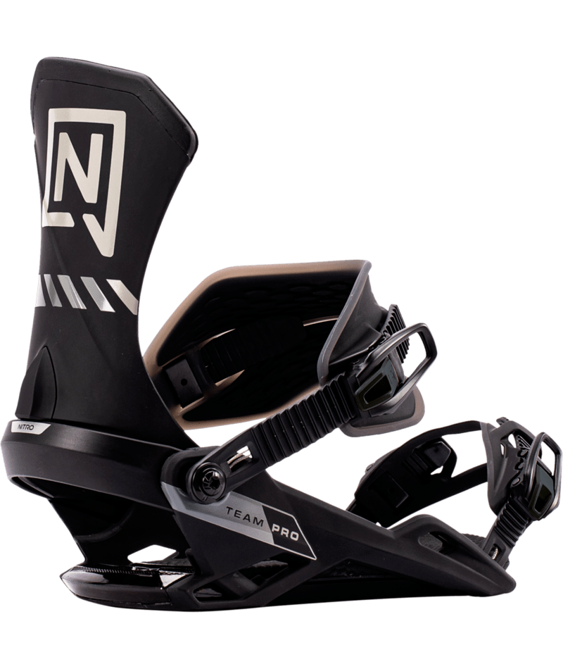 Nitro Team Pro snowboard bindings mounted on a snowboard, showcasing adjustable straps and high-performance design for snowboarding.