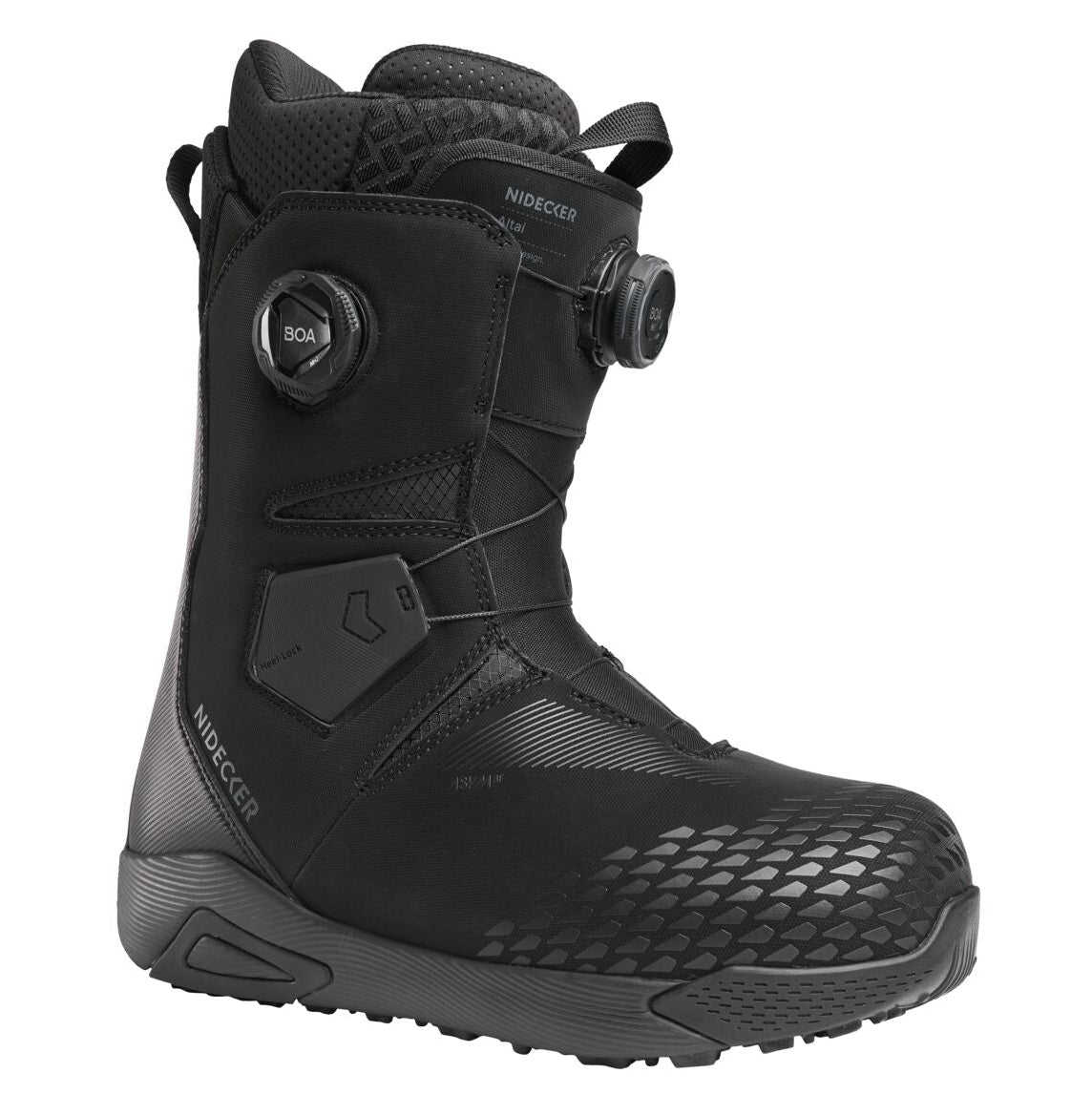 Nidecker Altai men's snowboard boots in black, designed for snowboarding with a sturdy, comfortable fit.