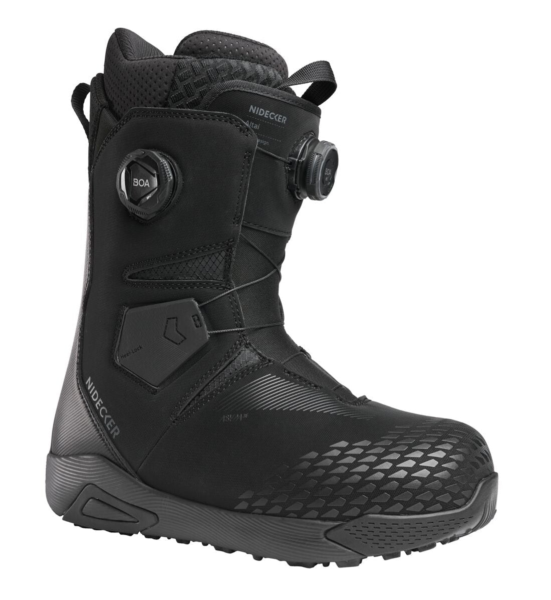 Nidecker Altai men's wide snowboard boots in black, designed for snowboarding comfort and performance.