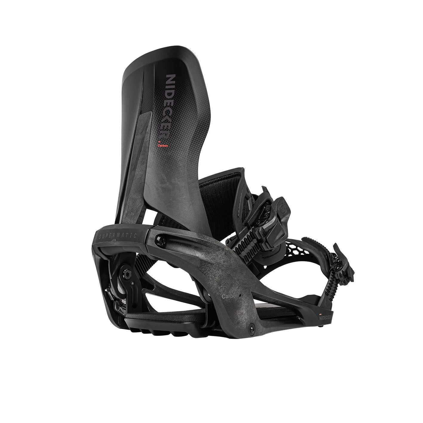 Nidecker CARBON Supermatic snowboard bindings in black on a snowboard, designed for high performance and durability.