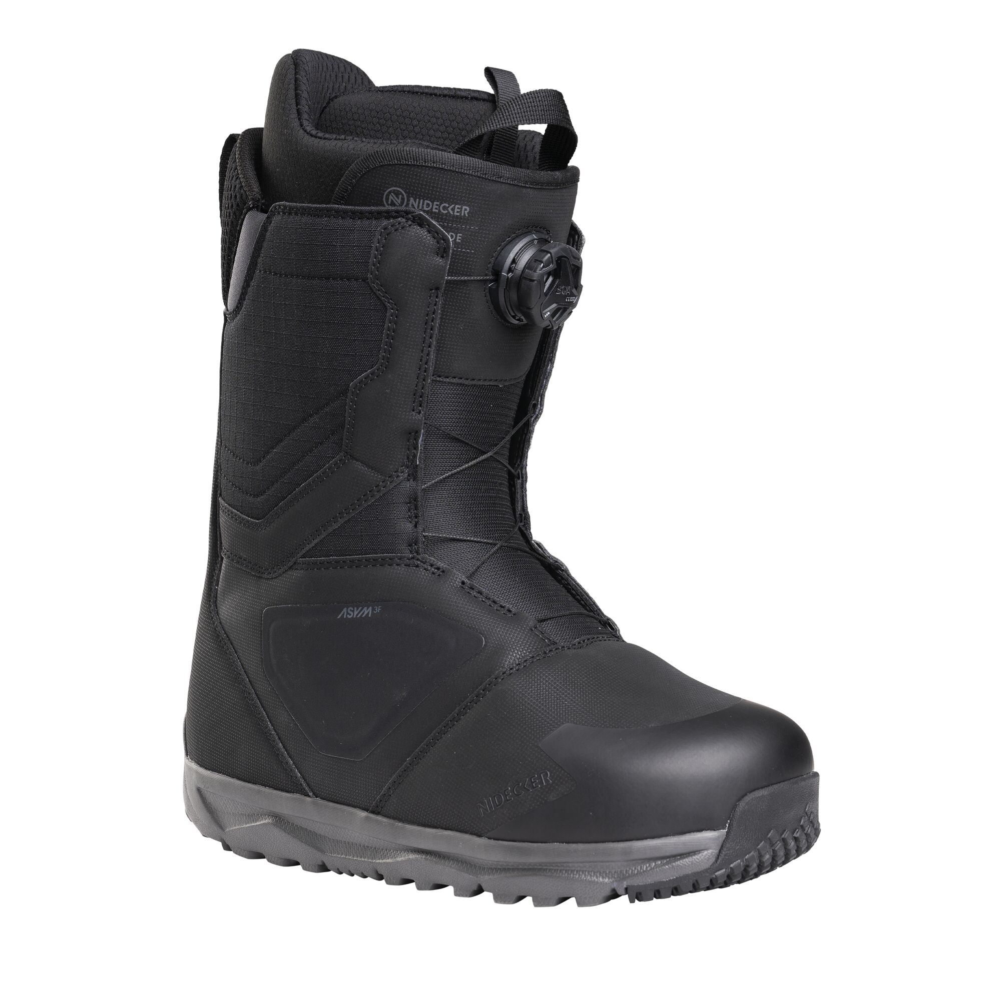 Nidecker Cascade men's snowboard boots in black, designed for snowboarding, with a snug fit and durable construction.