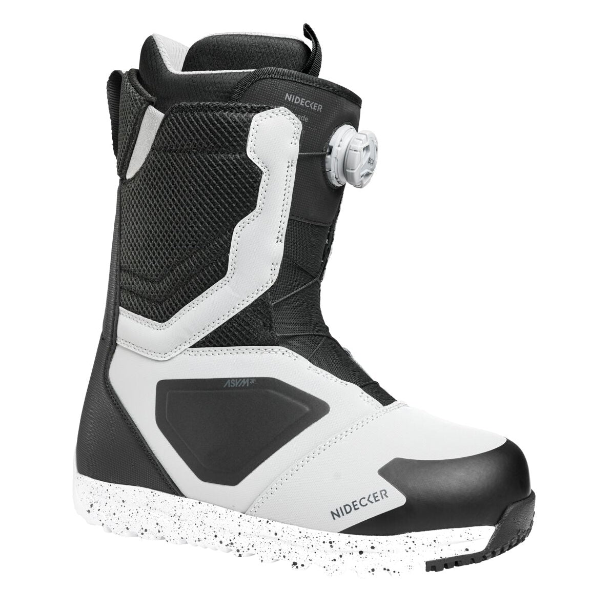 Nidecker Cascade men's snowboard boots in gray and black, designed for snowboarding comfort and performance.