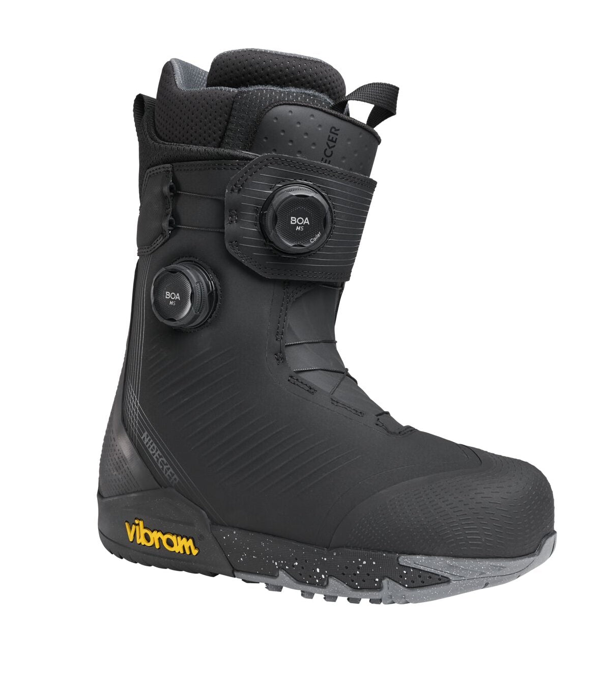 Nidecker Kita men's snowboard boots in black, designed for snowboarding, with a close-up view of the boots' exterior and laces.