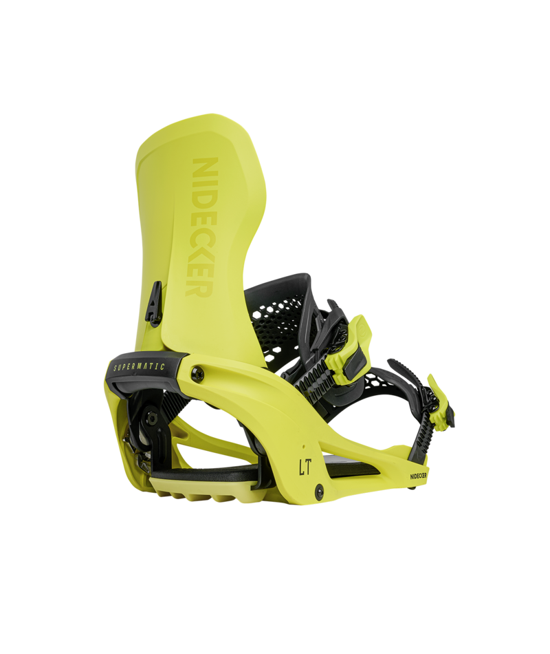 Nidecker LT Supermatic snowboard bindings in acid color with adjustable straps and high-back support, designed for snowboarding.