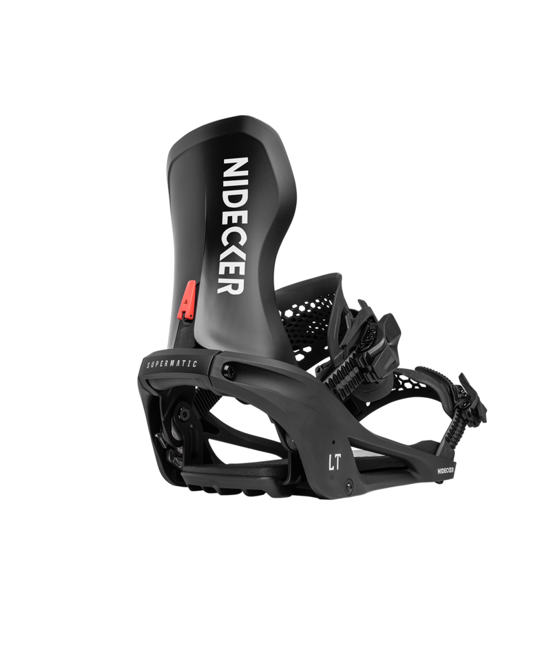 Nidecker LT Supermatic Snowboard Bindings in black, designed for snowboarding with adjustable straps and durable construction.