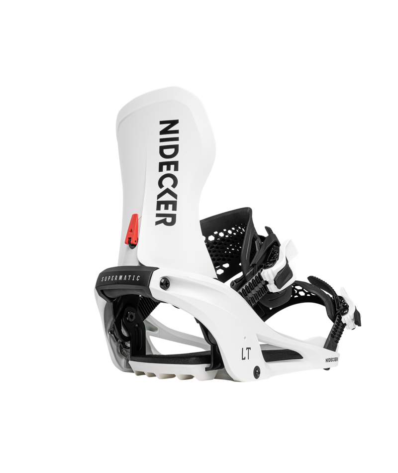Nidecker LT Supermatic snowboard bindings in white, designed for snowboarding with adjustable straps and high-performance features.