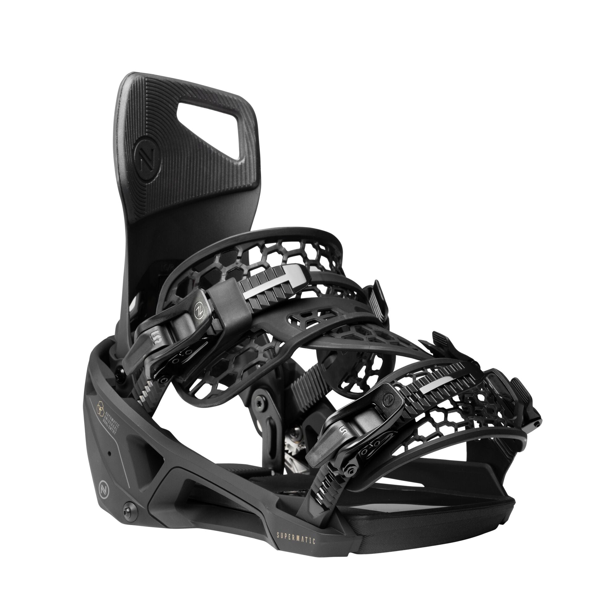 Nidecker OG Supermatic snowboard bindings in black, designed for snowboarding, shown in a close-up image.