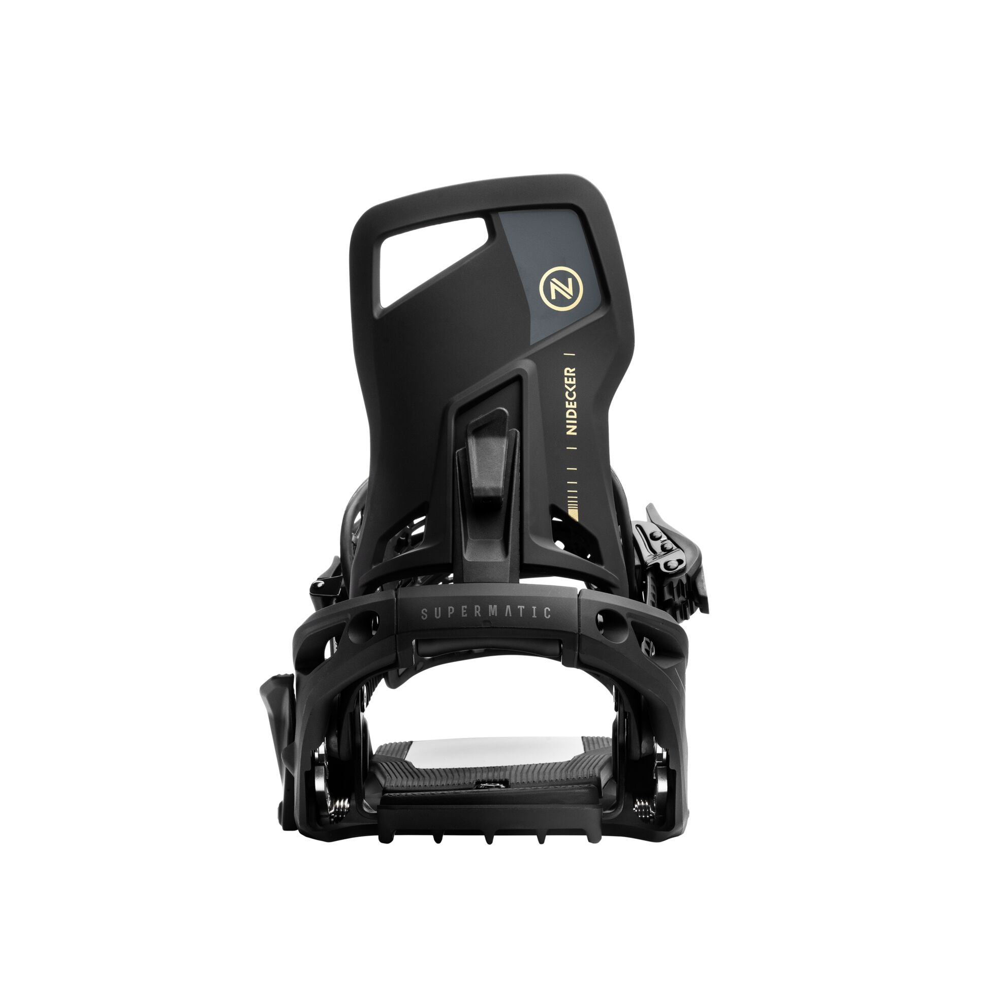 Nidecker OG Supermatic snowboard bindings in black mounted on a snowboard, designed for snowboarding enthusiasts.