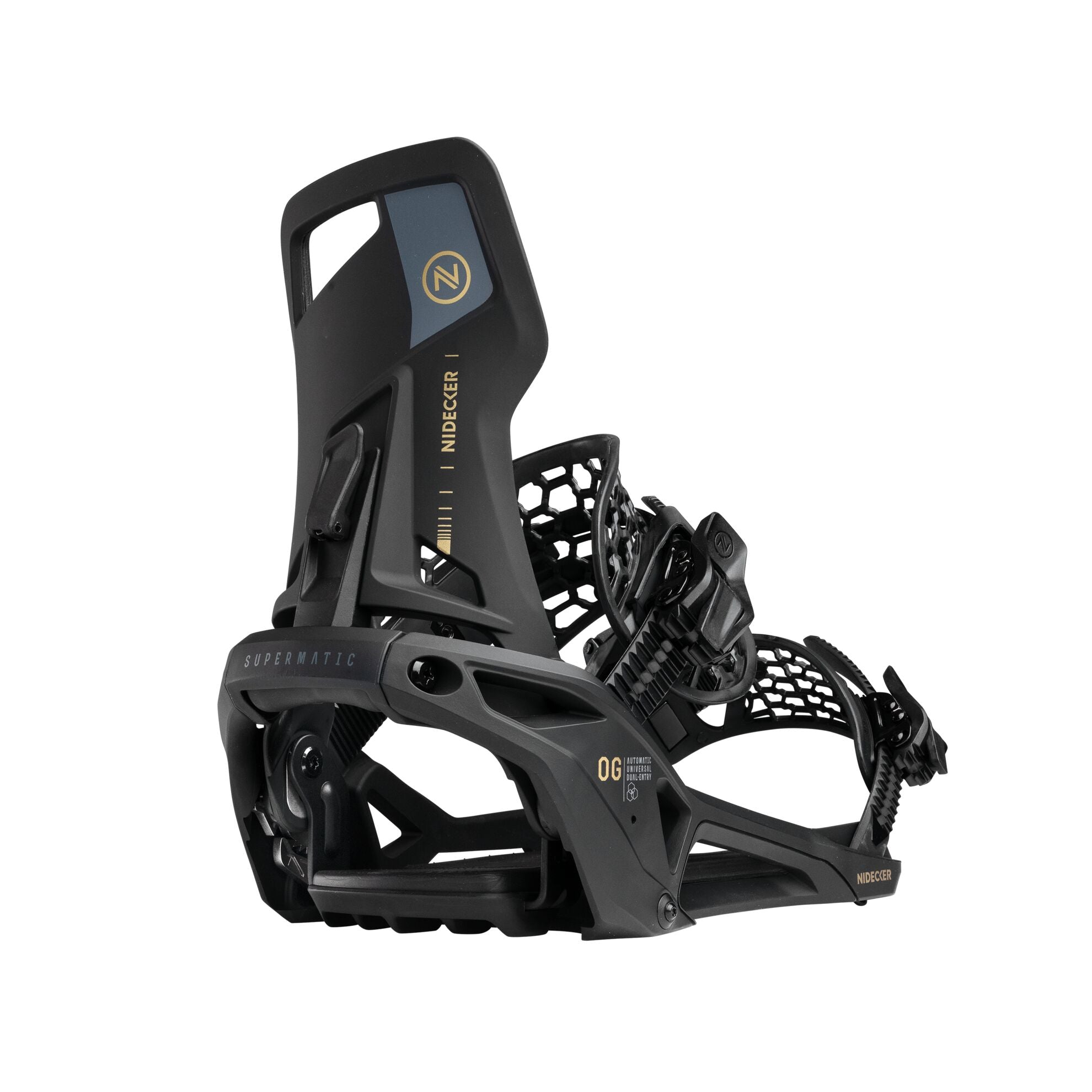 Nidecker OG Supermatic snowboard bindings in black, designed for snowboarding, shown in close-up on a low-resolution image.