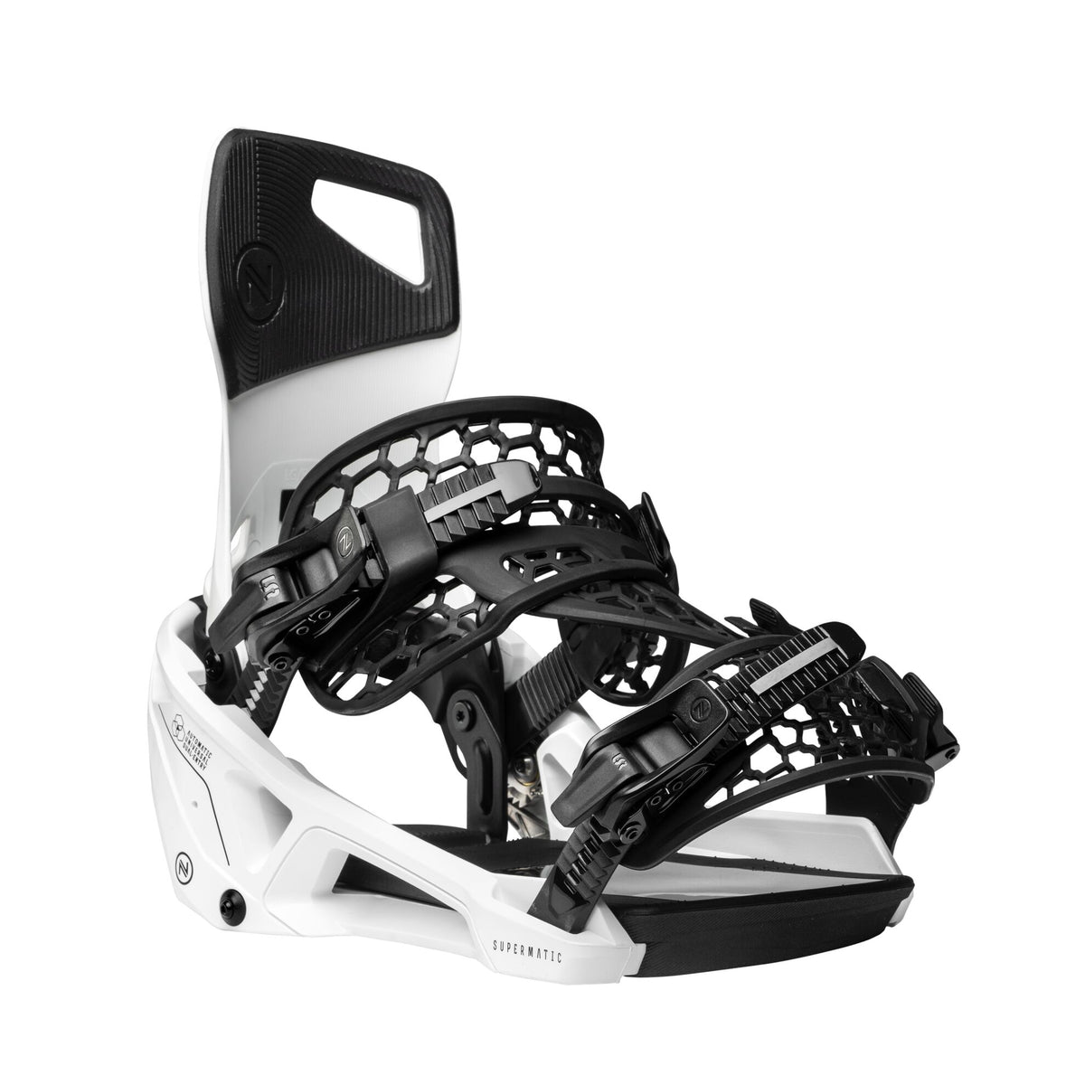 Nidecker OG Supermatic snowboard bindings in white, designed for snowboarding, with adjustable straps and high-performance features.