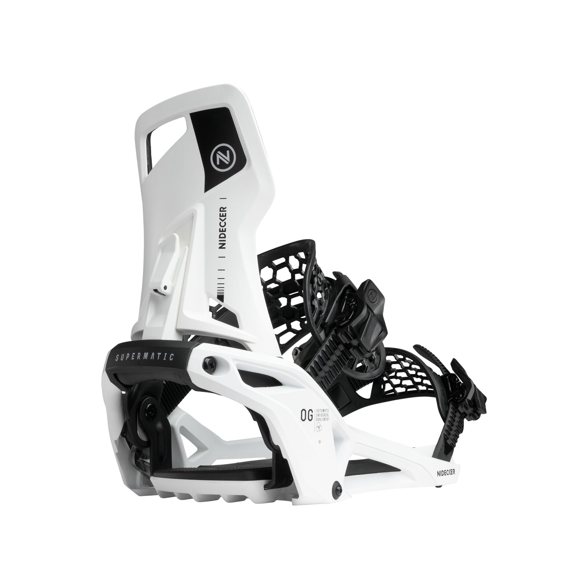 Nidecker OG Supermatic snowboard bindings in white, designed for snowboarding, with adjustable straps and durable construction.