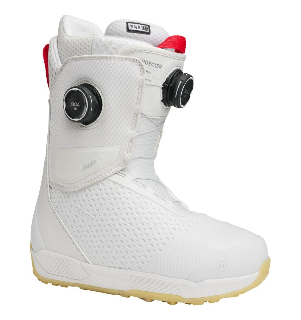 Nidecker Rift Pro Women's snowboard boots in white, showing the stylish design and lacing system for snowboarding.