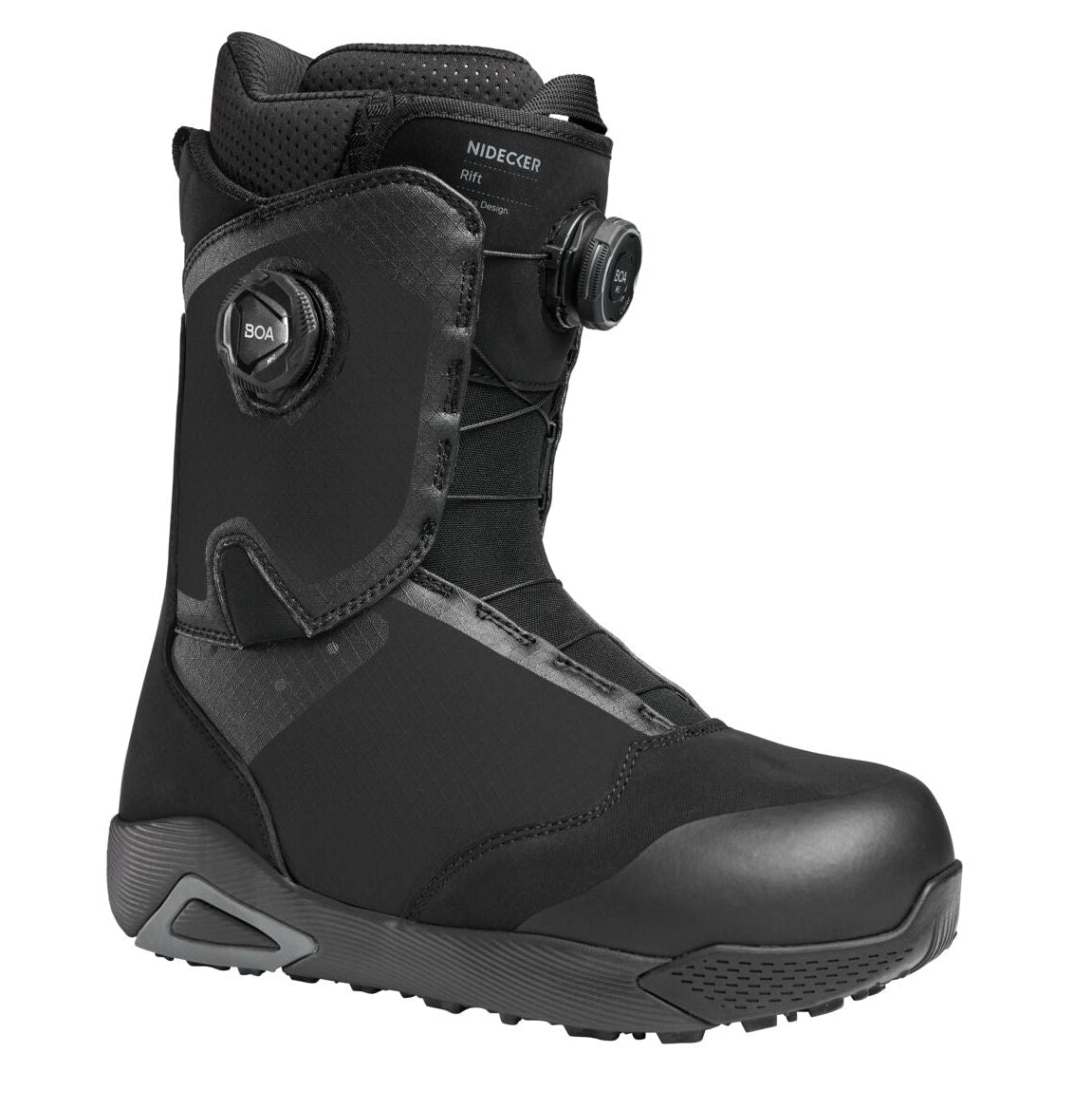 Nidecker Rift men's snowboard boots in black with sturdy design, suitable for winter snowboarding activities.