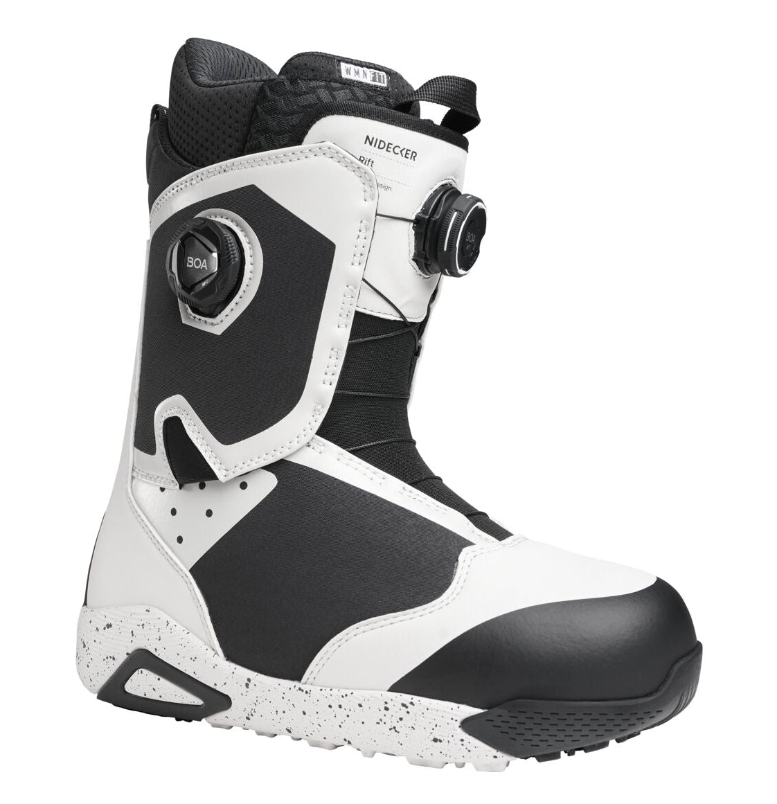 Nidecker Rift women's snowboard boots in gray and black, designed for snowboarding performance and comfort.