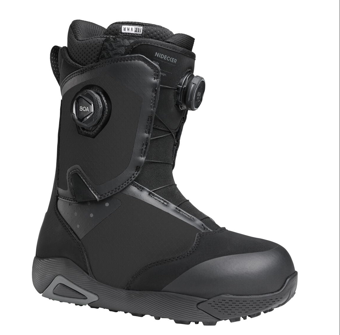Nidecker Rift women's snowboard boots in black, designed for snowboarding, featuring a sturdy build and comfortable fit.
